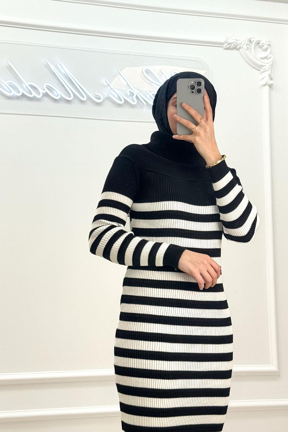 Madonna Yakalı Siyah Triko ElbiseHM3132