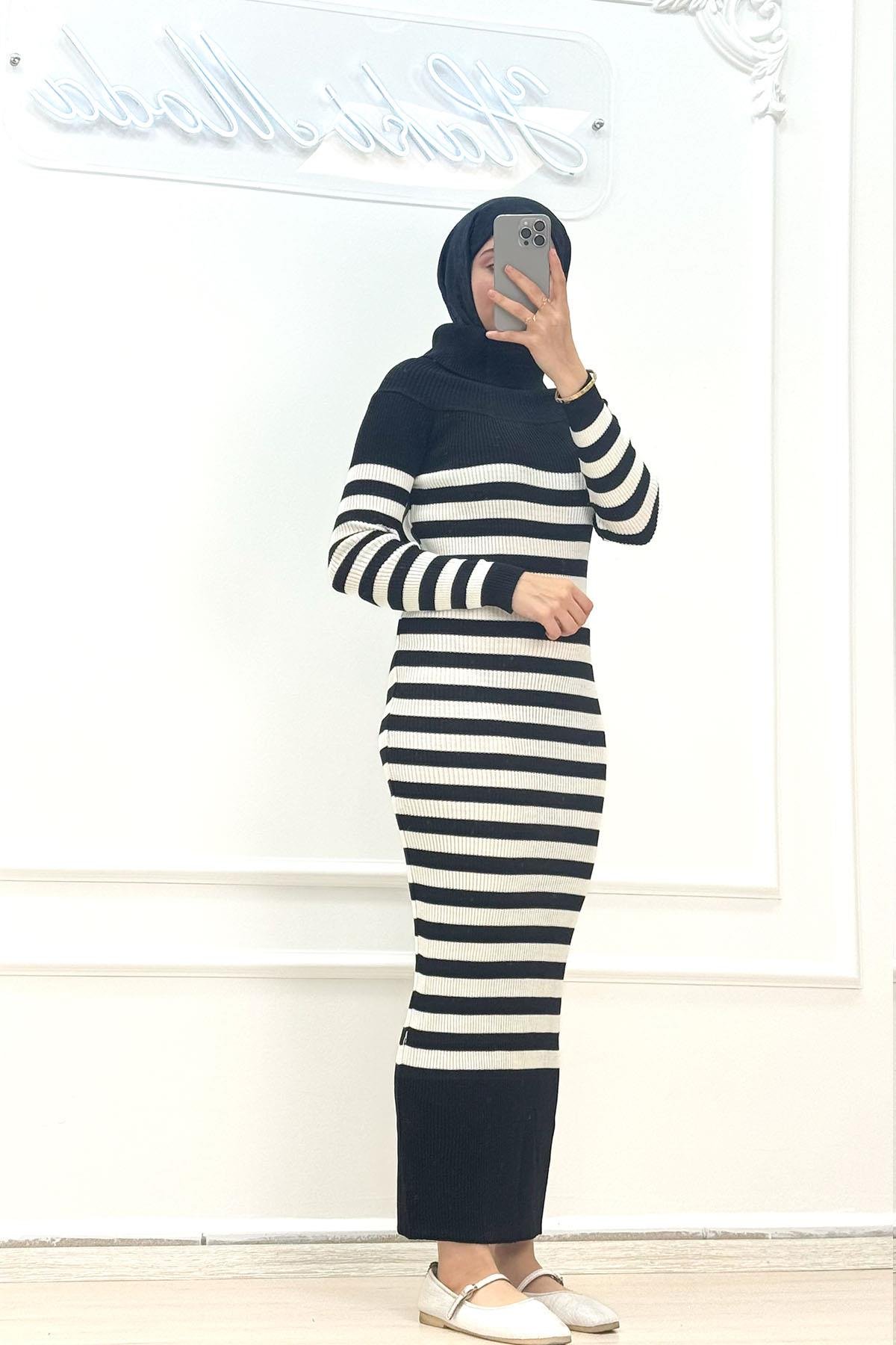 Madonna Yakalı Siyah Triko ElbiseHM3132