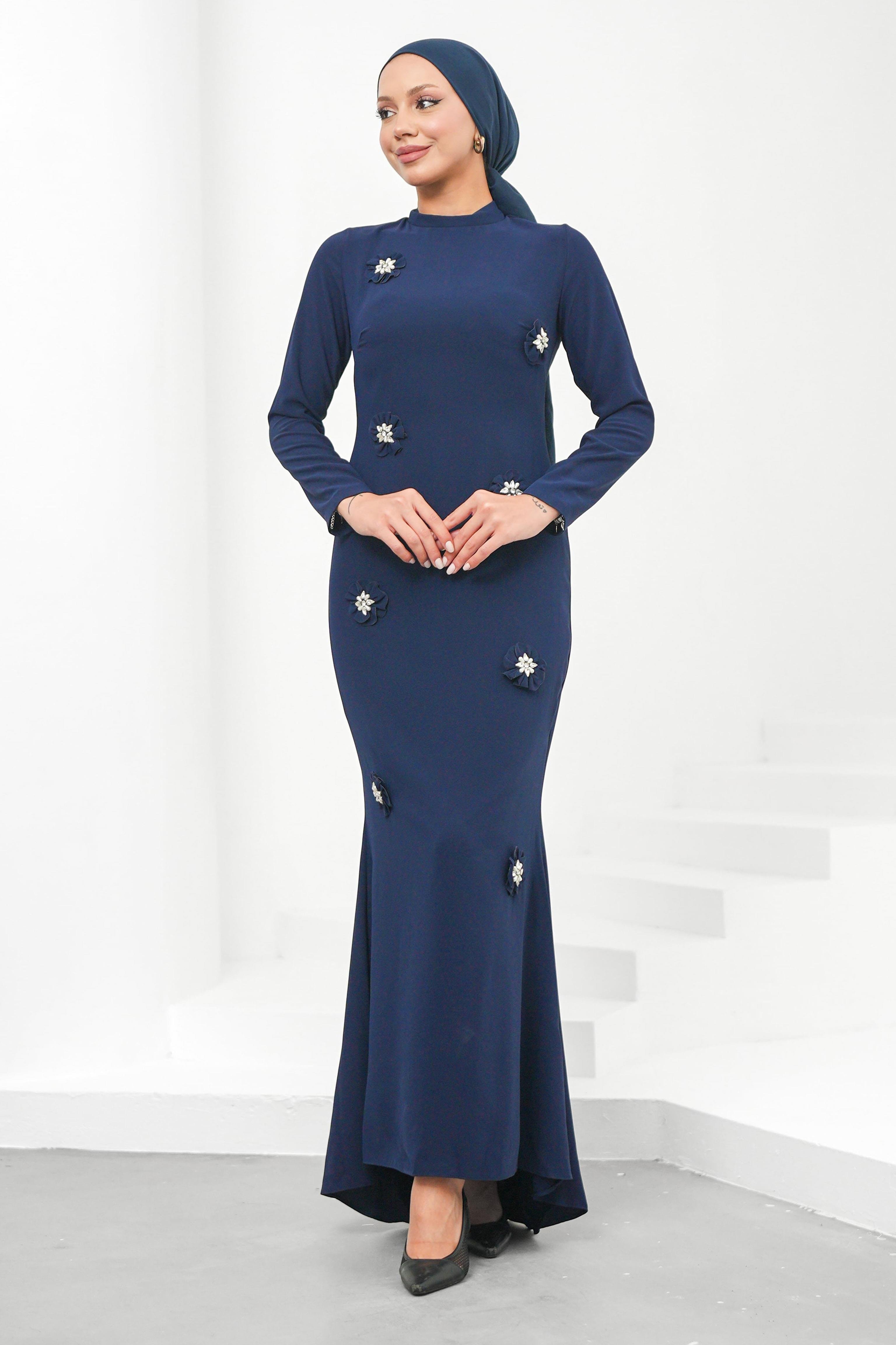 Nevbahar Adriana Krep Lacivert Tesettür AbiyeLP6316