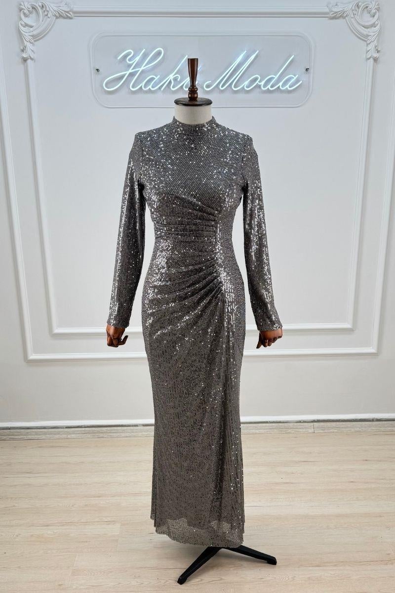 Payetli Gri Uzun Kollu Tesettür AbiyeLP6156