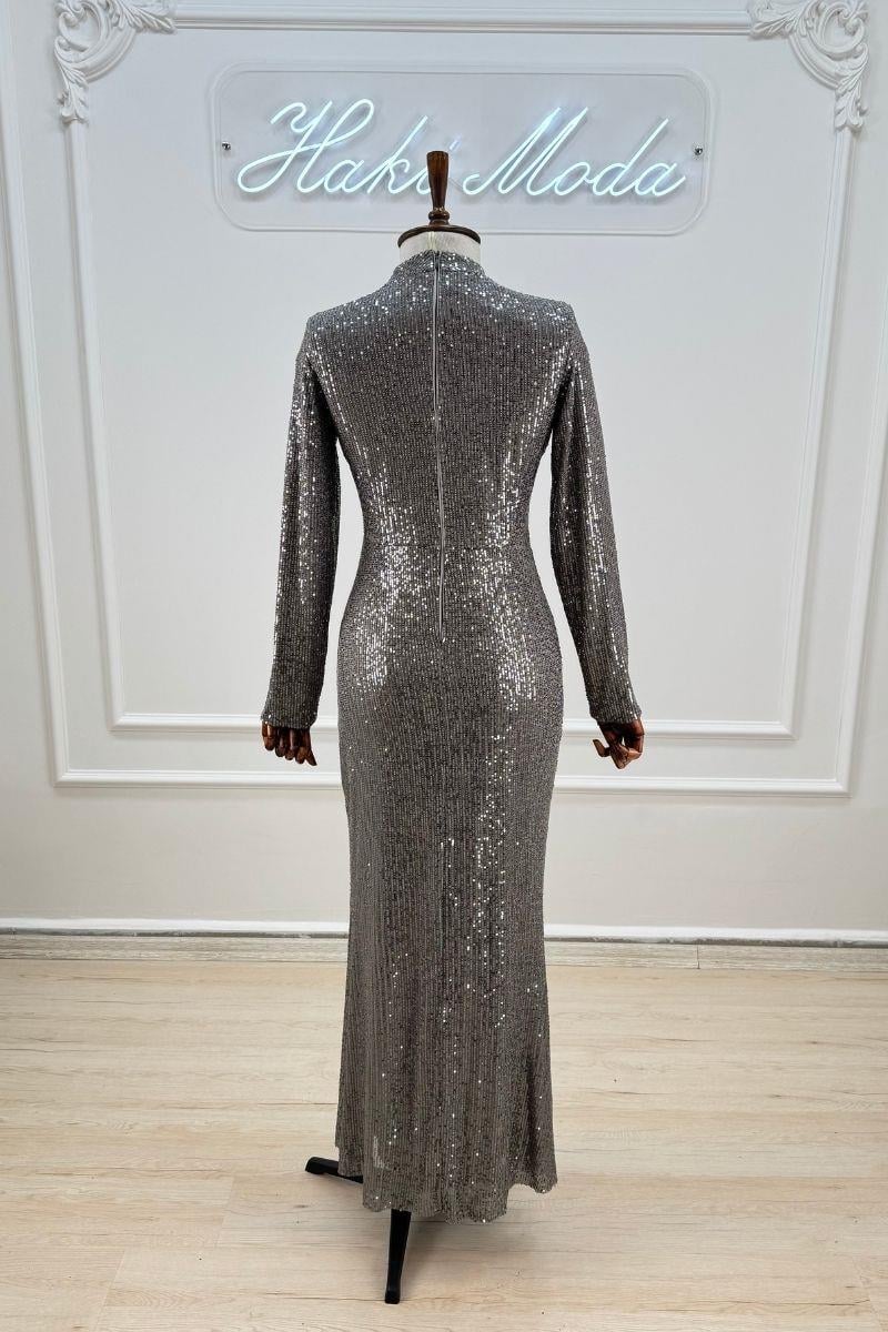 Payetli Gri Uzun Kollu Tesettür AbiyeLP6156