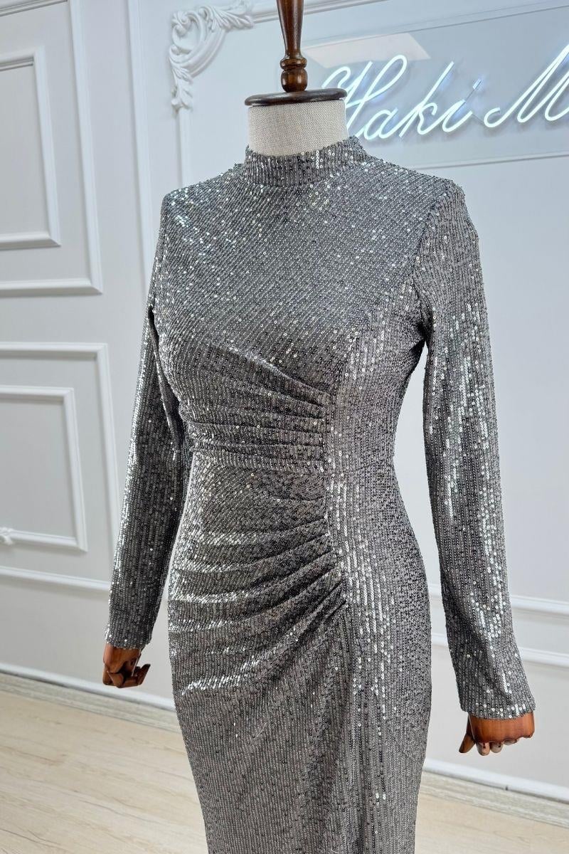 Payetli Gri Uzun Kollu Tesettür AbiyeLP6156