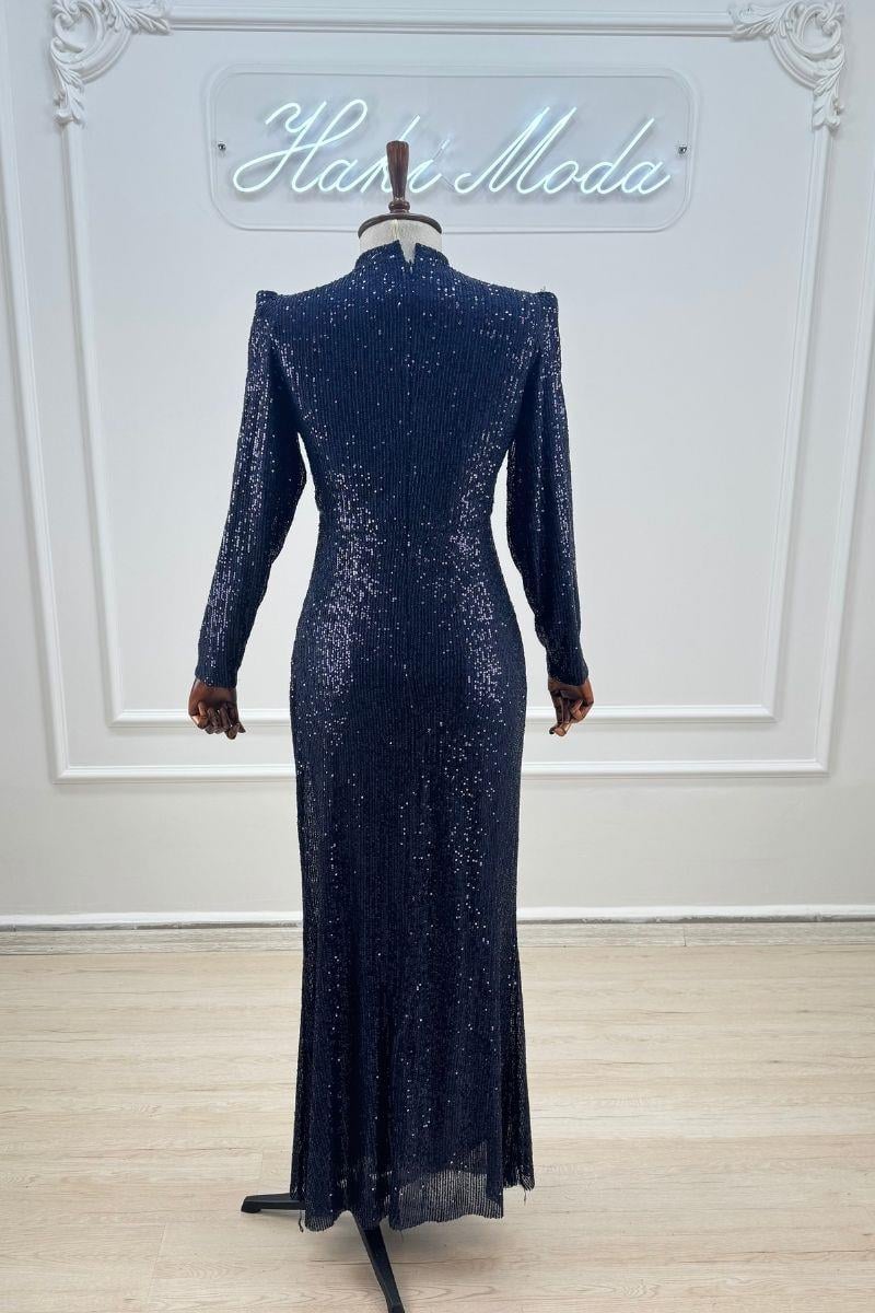 Payetli Lacivert Uzun Kollu Tesettür AbiyeLP6156