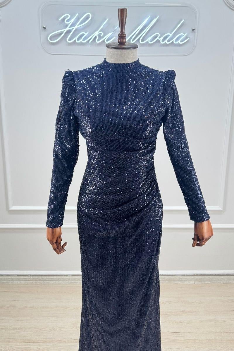 Payetli Lacivert Uzun Kollu Tesettür AbiyeLP6156