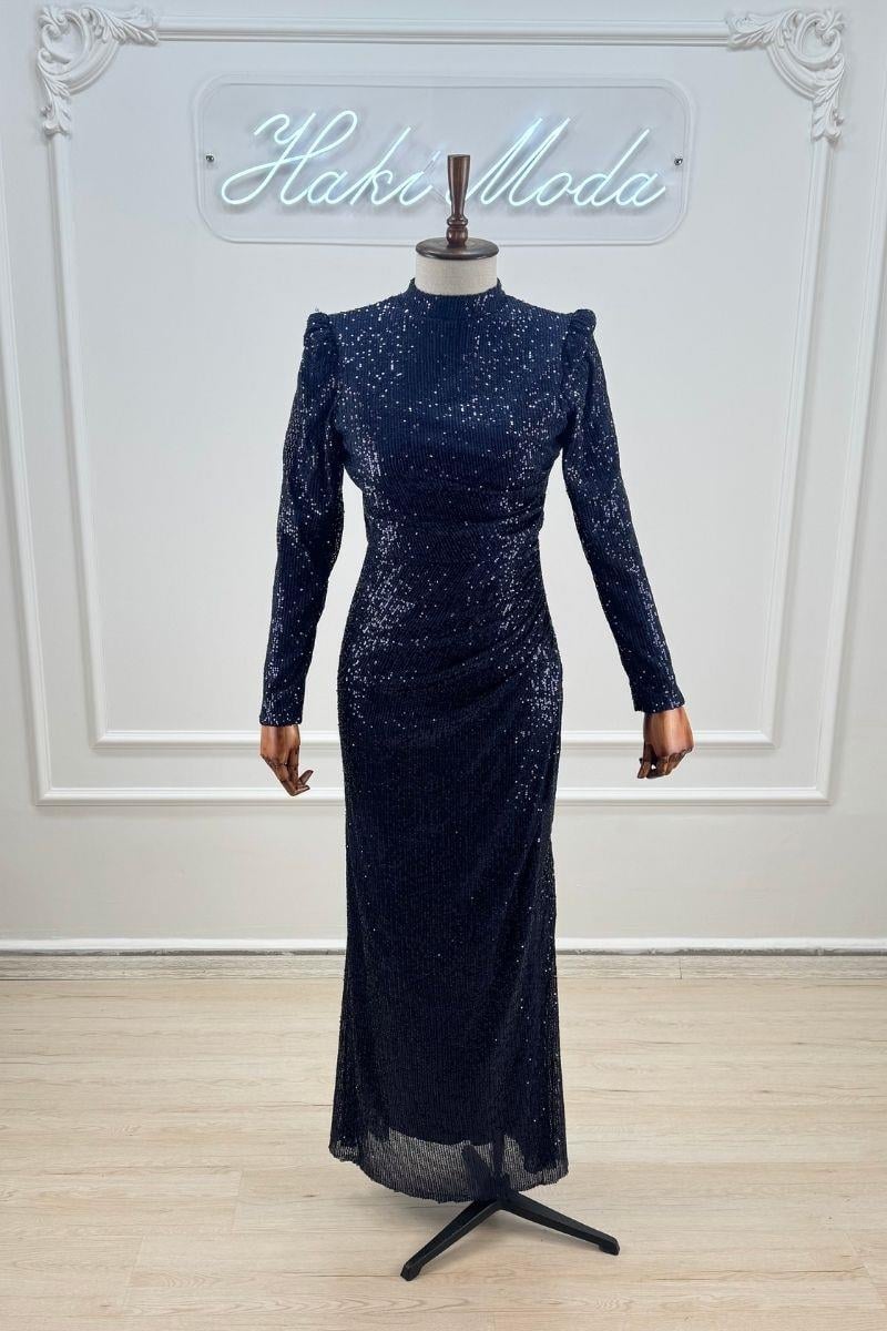 Payetli Lacivert Uzun Kollu Tesettür AbiyeLP6156