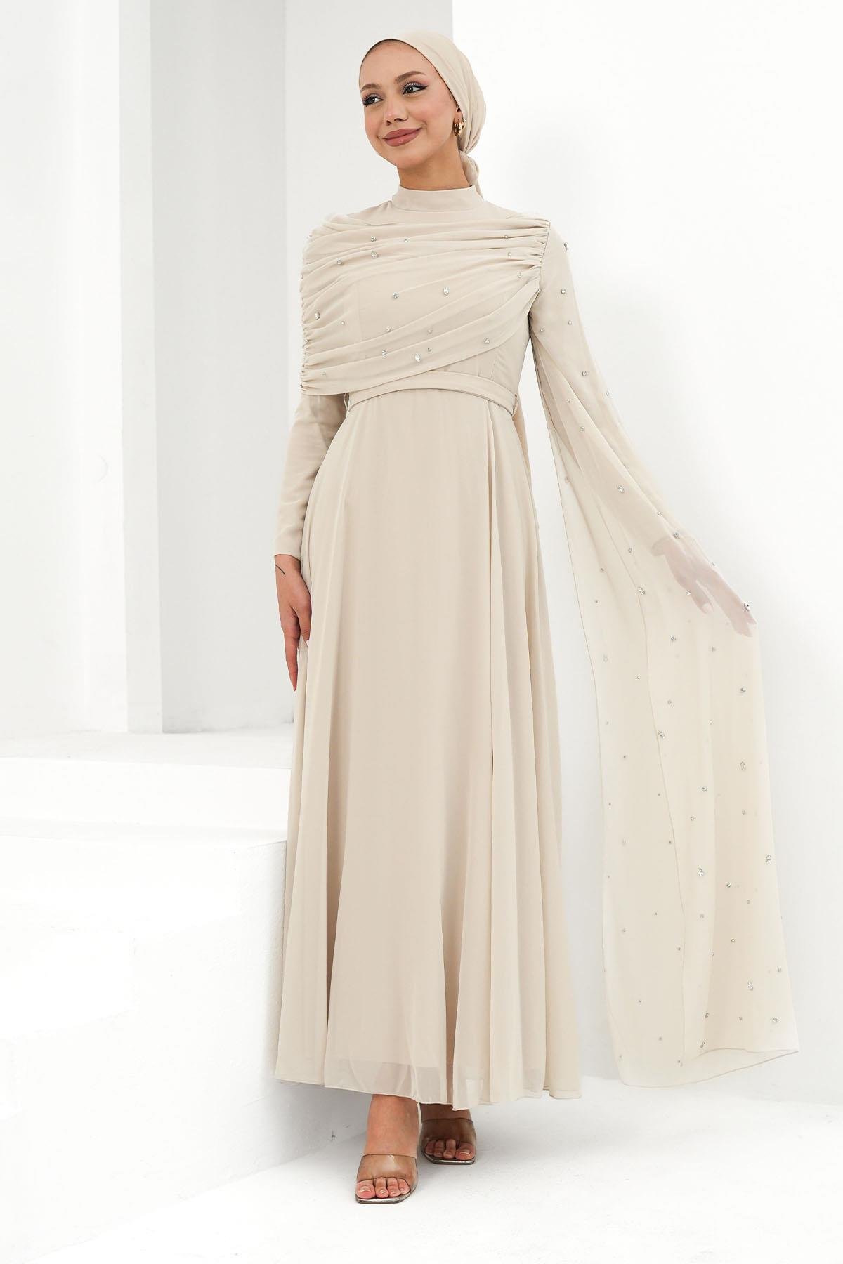 Perizade Şifon Bej Tesettür AbiyeLP6317
