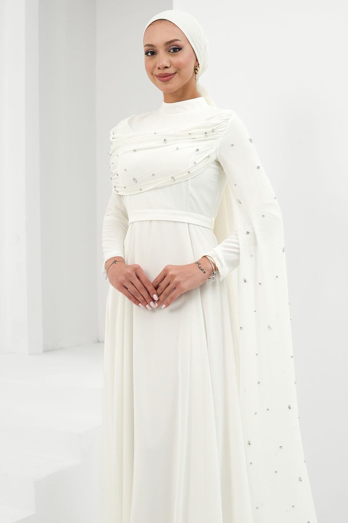 Perizade Şifon Ekru Tesettür AbiyeLP6317