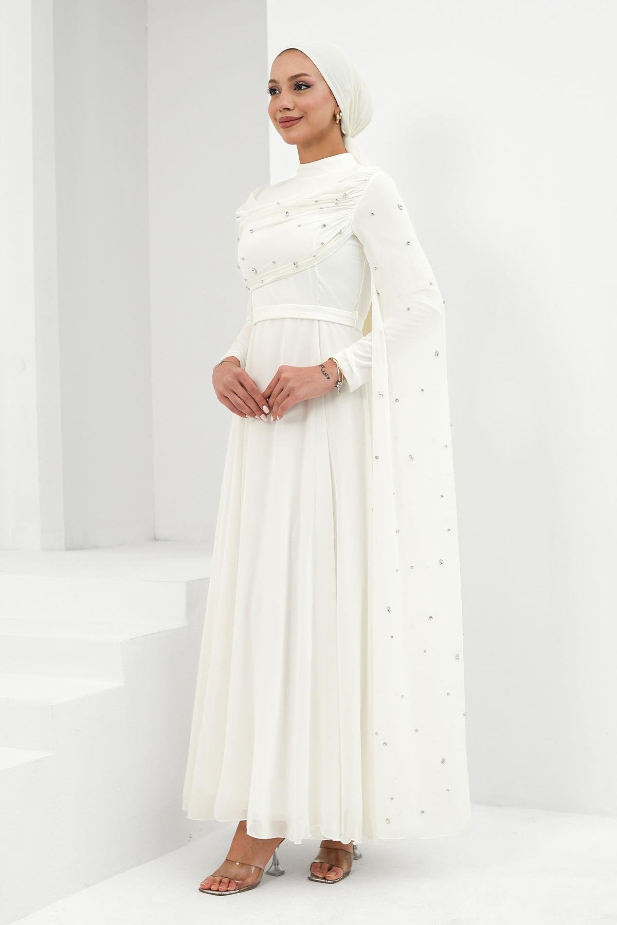 Perizade Şifon Ekru Tesettür AbiyeLP6317