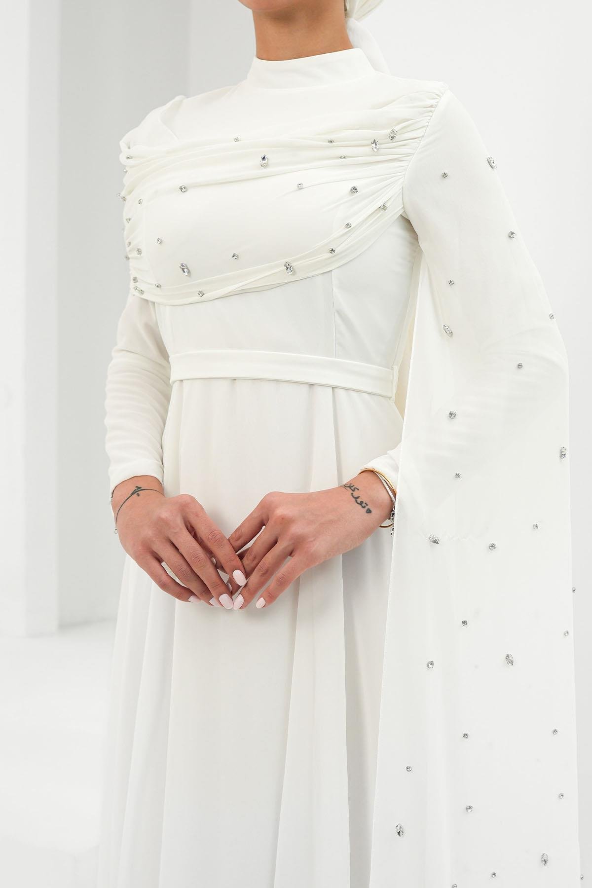 Perizade Şifon Ekru Tesettür AbiyeLP6317