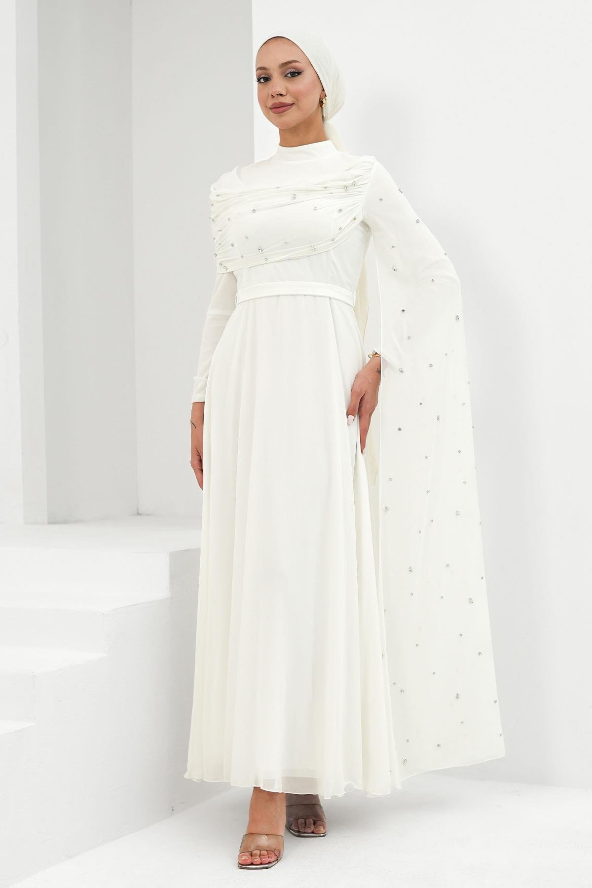 Perizade Şifon Ekru Tesettür AbiyeLP6317