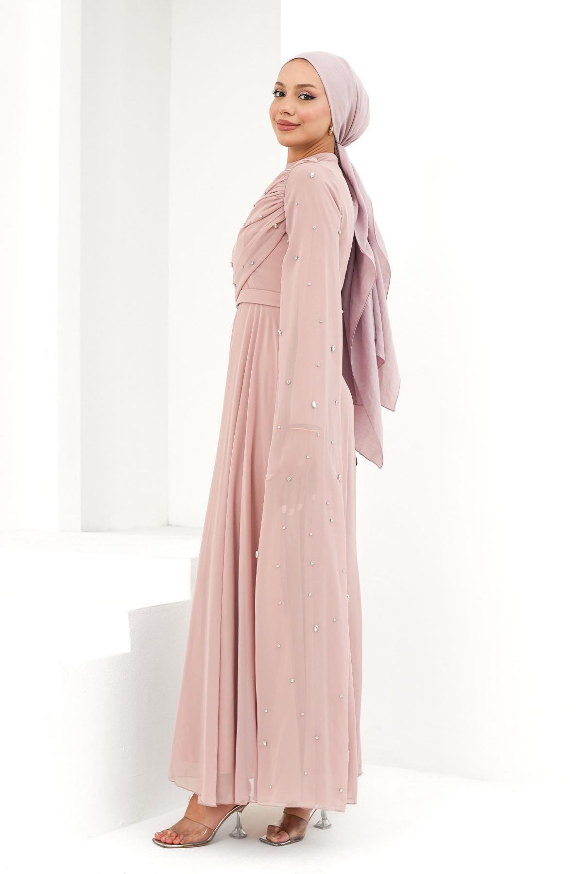 Perizade Şifon Pudra Tesettür AbiyeLP6317