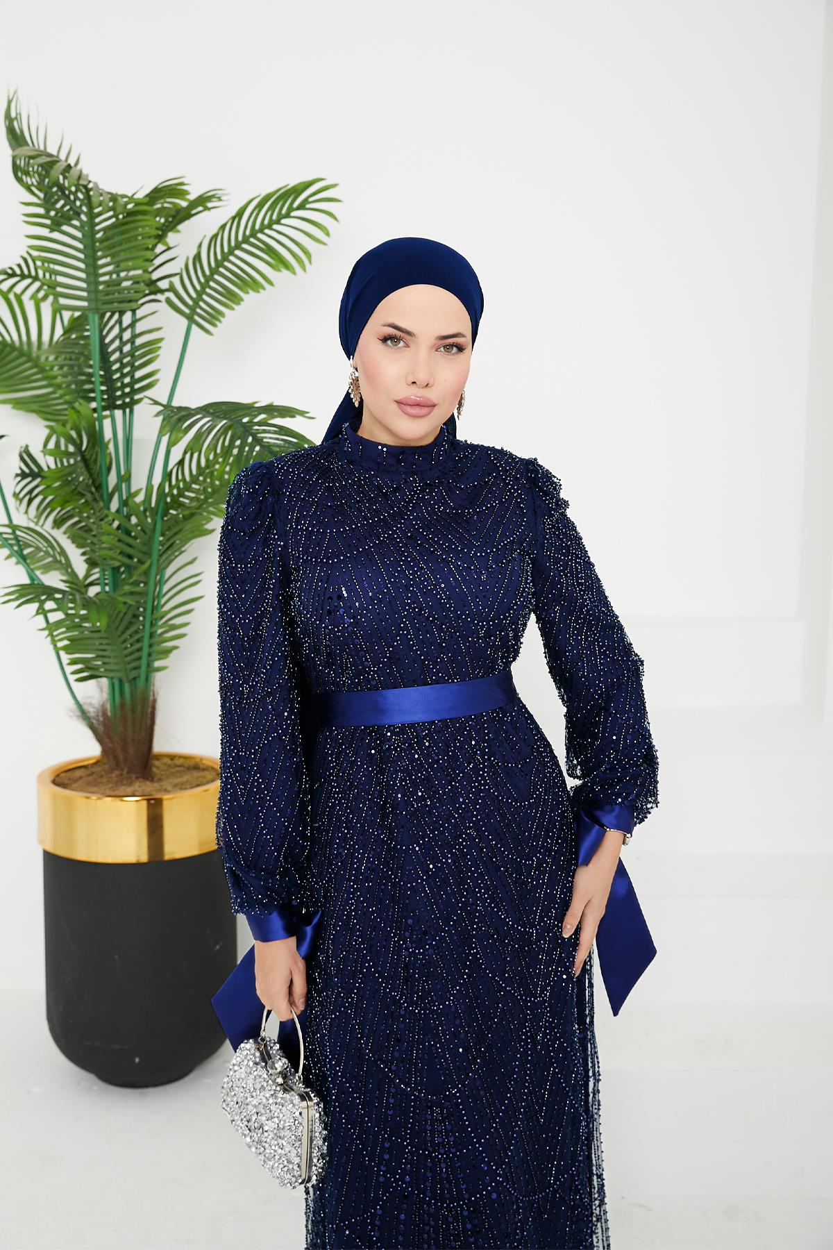 Tesettür Afra Boncuklu Abiye LacivertLP7003