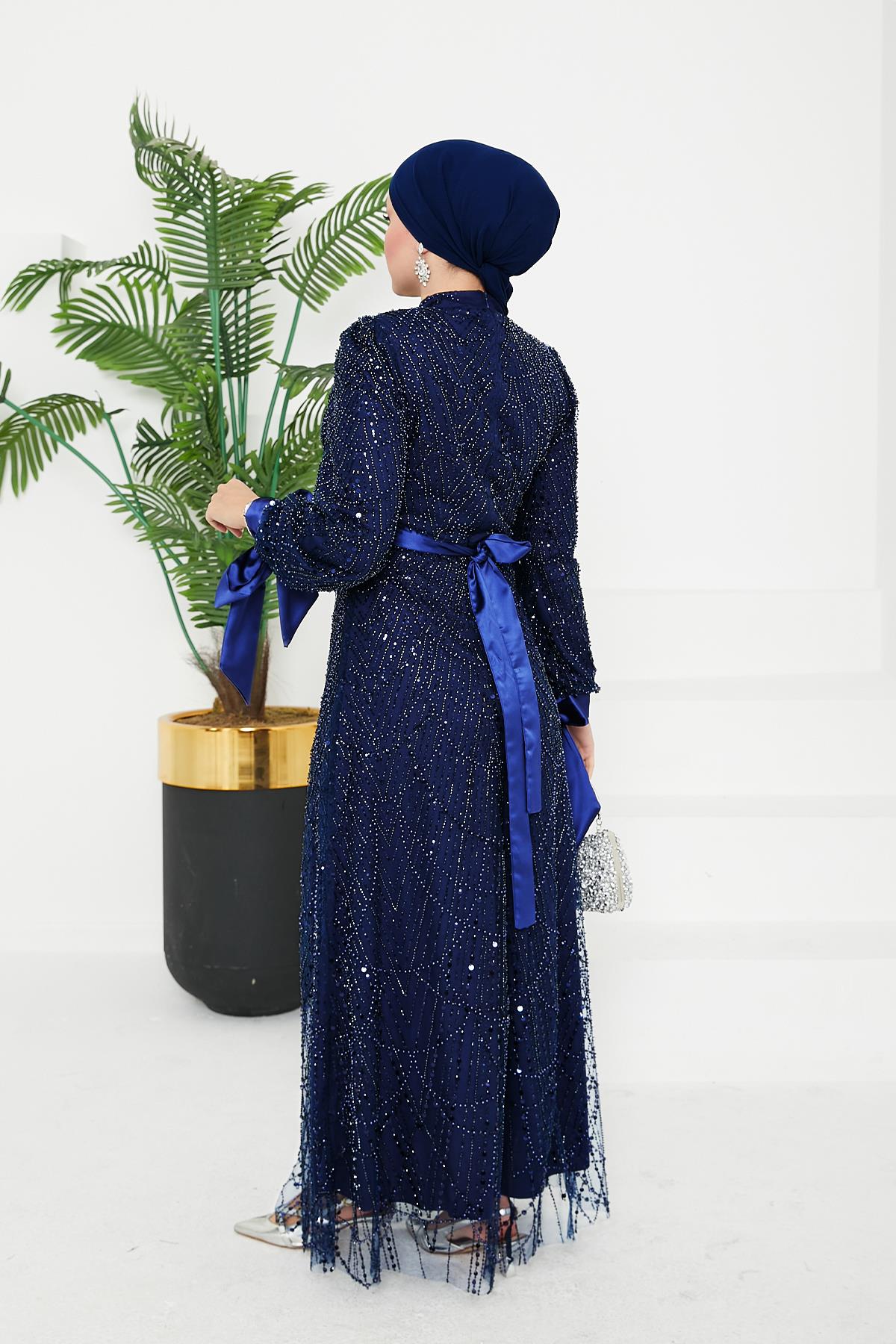 Tesettür Afra Boncuklu Abiye LacivertLP7003