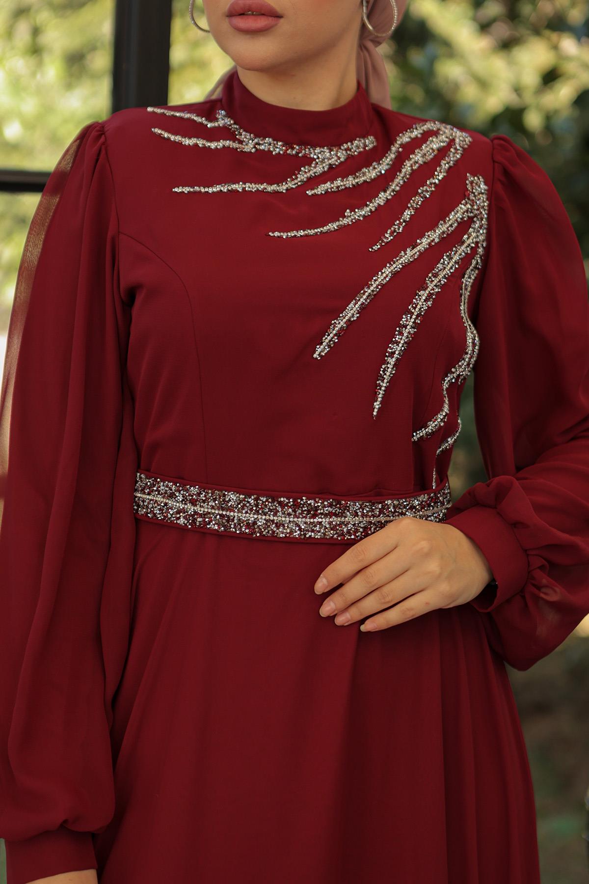 Tesettür Ahsen Şifon Abiye BordoLP6025