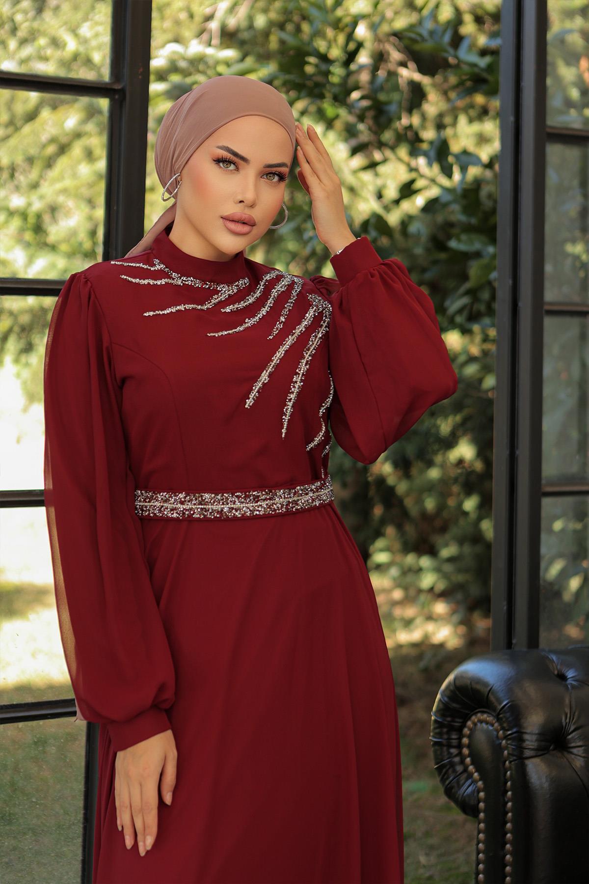 Tesettür Ahsen Şifon Abiye BordoLP6025