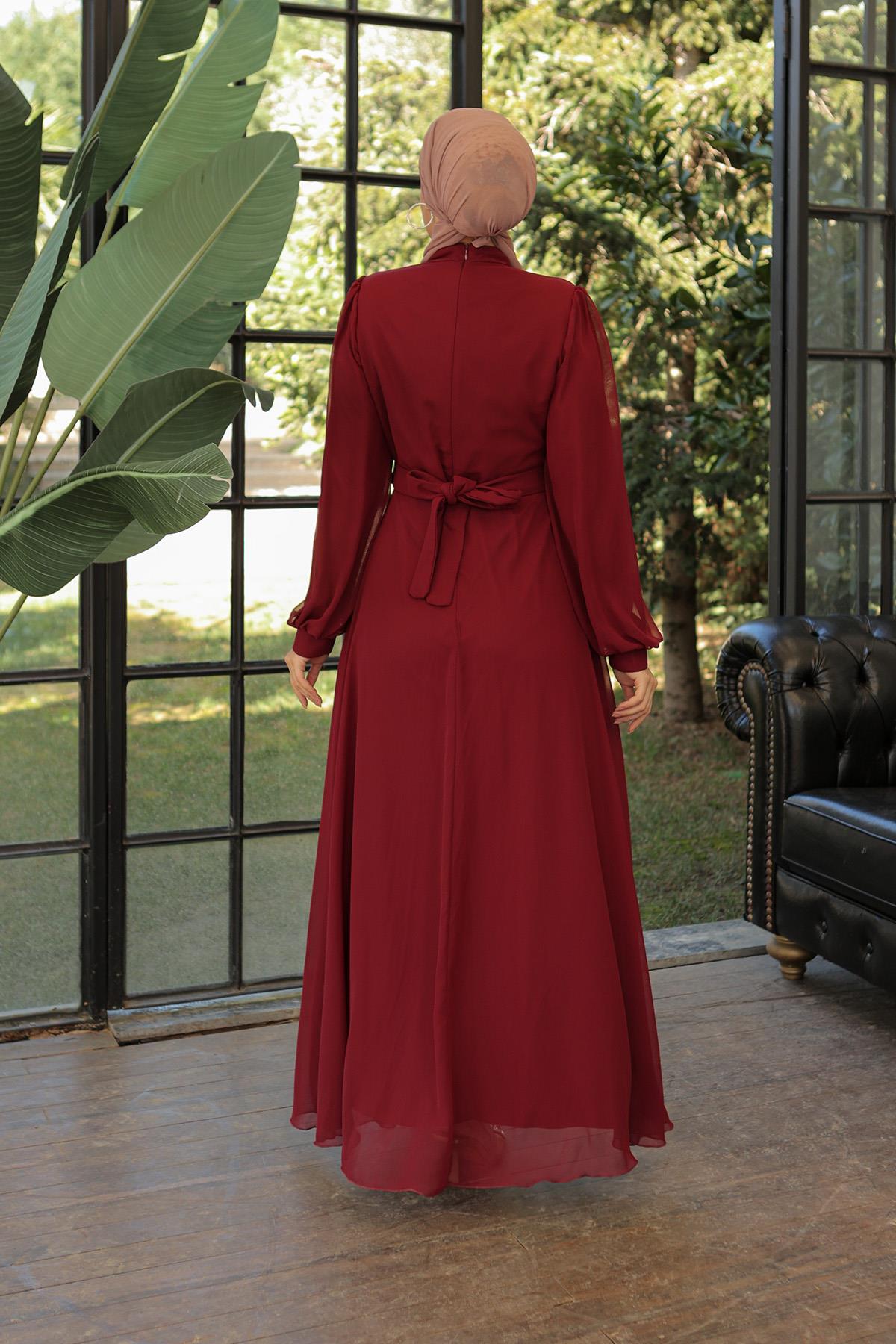 Tesettür Ahsen Şifon Abiye BordoLP6025