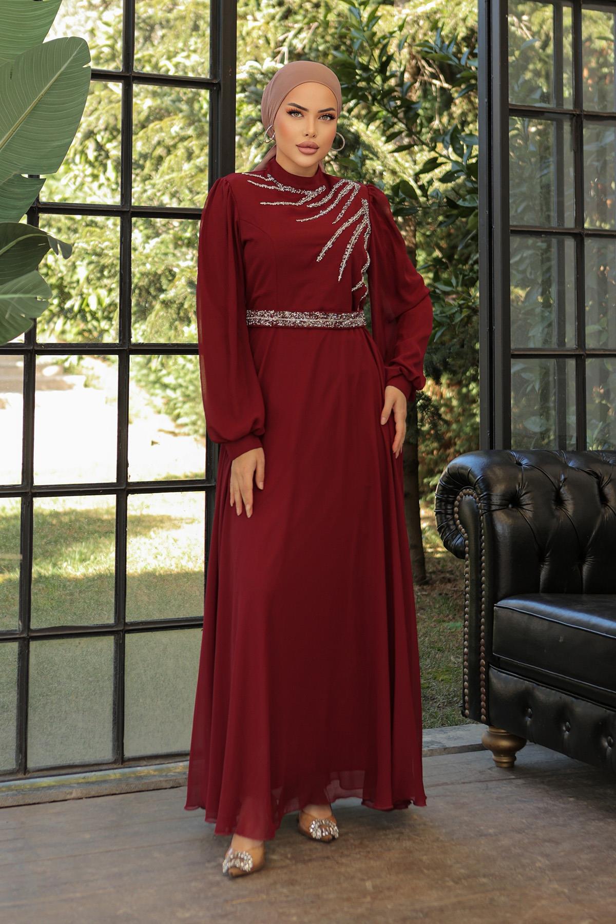 Tesettür Ahsen Şifon Abiye BordoLP6025