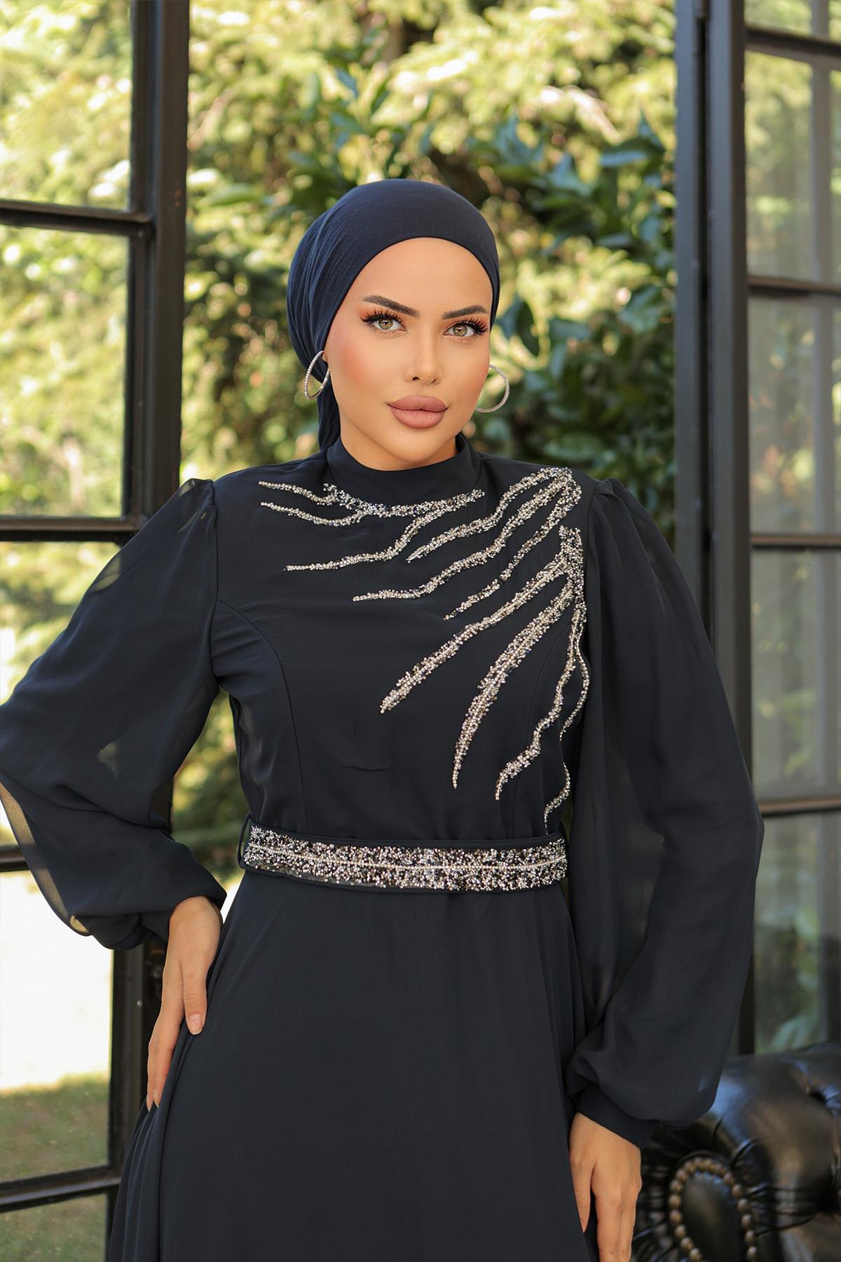 Tesettür Ahsen Şifon Abiye LacivertLP6025