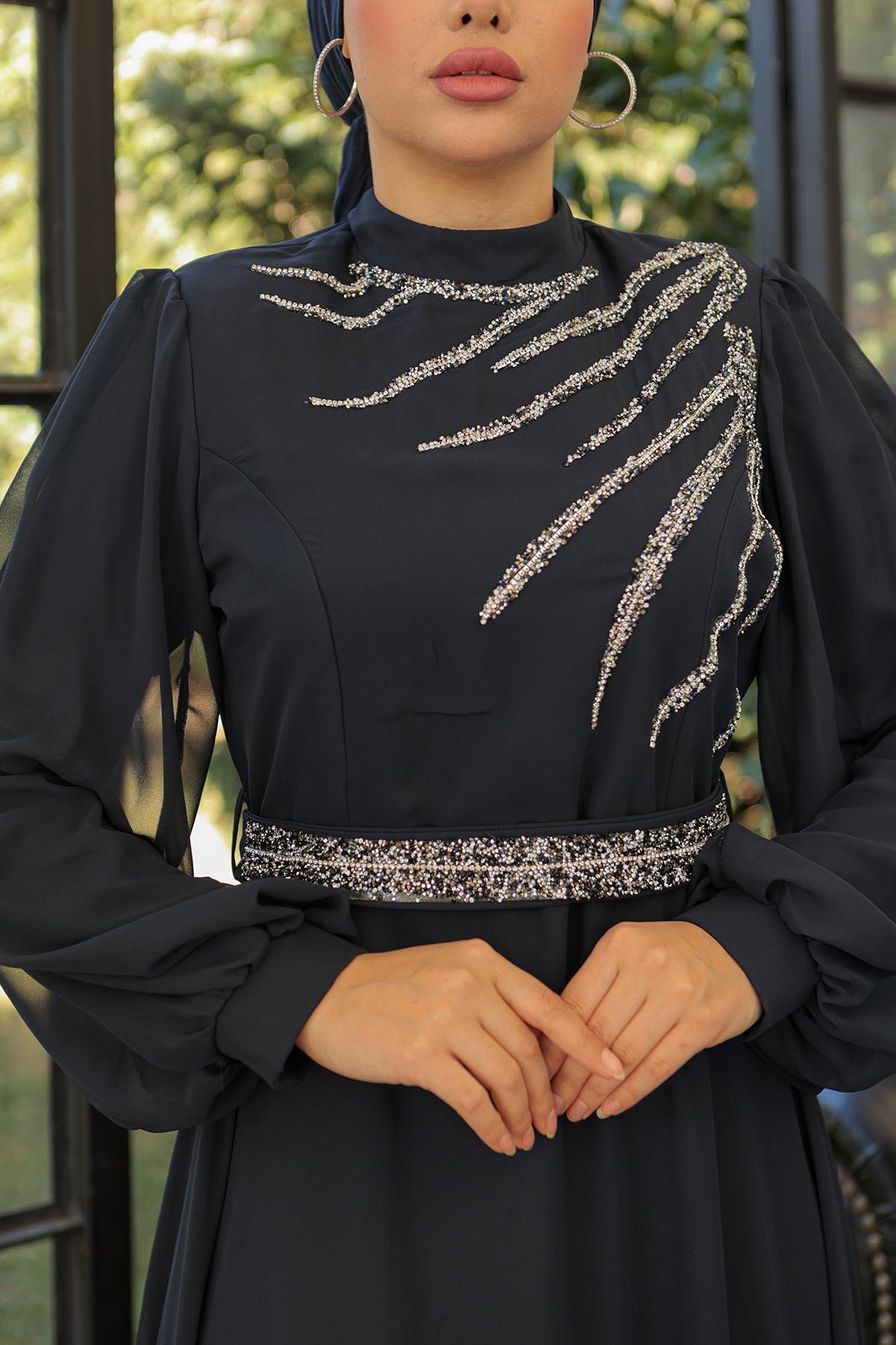 Tesettür Ahsen Şifon Abiye LacivertLP6025