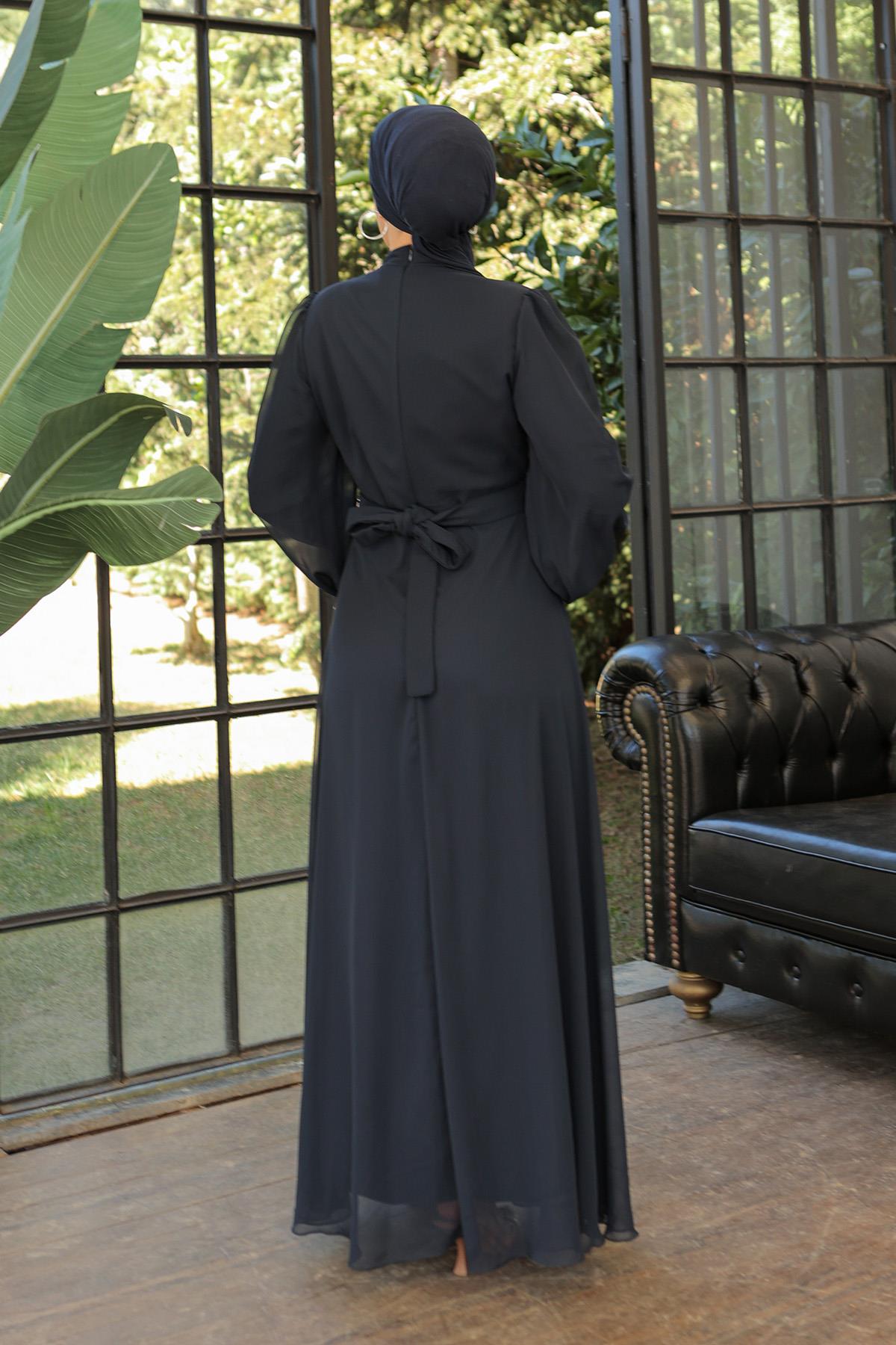 Tesettür Ahsen Şifon Abiye LacivertLP6025