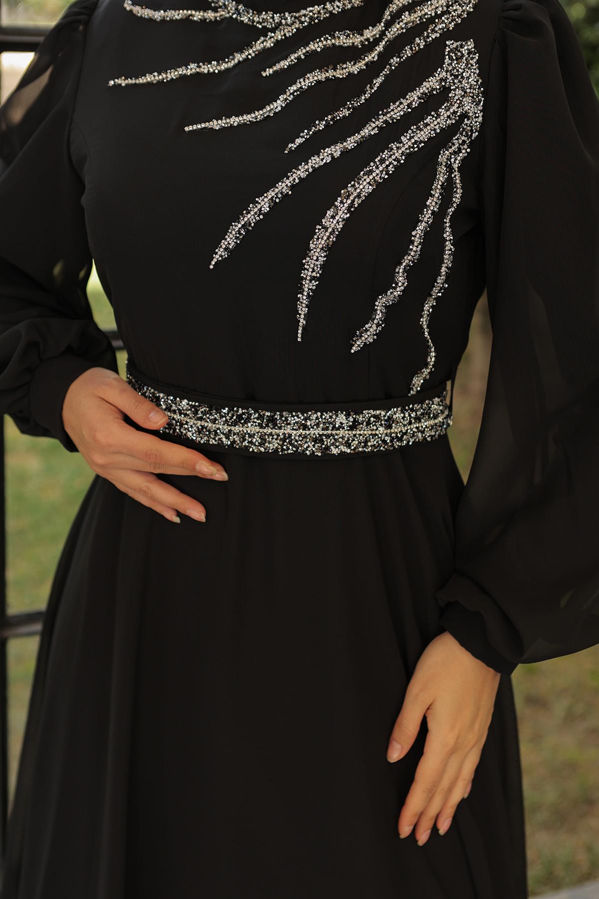 Tesettür Ahsen Şifon Abiye SiyahLP6025