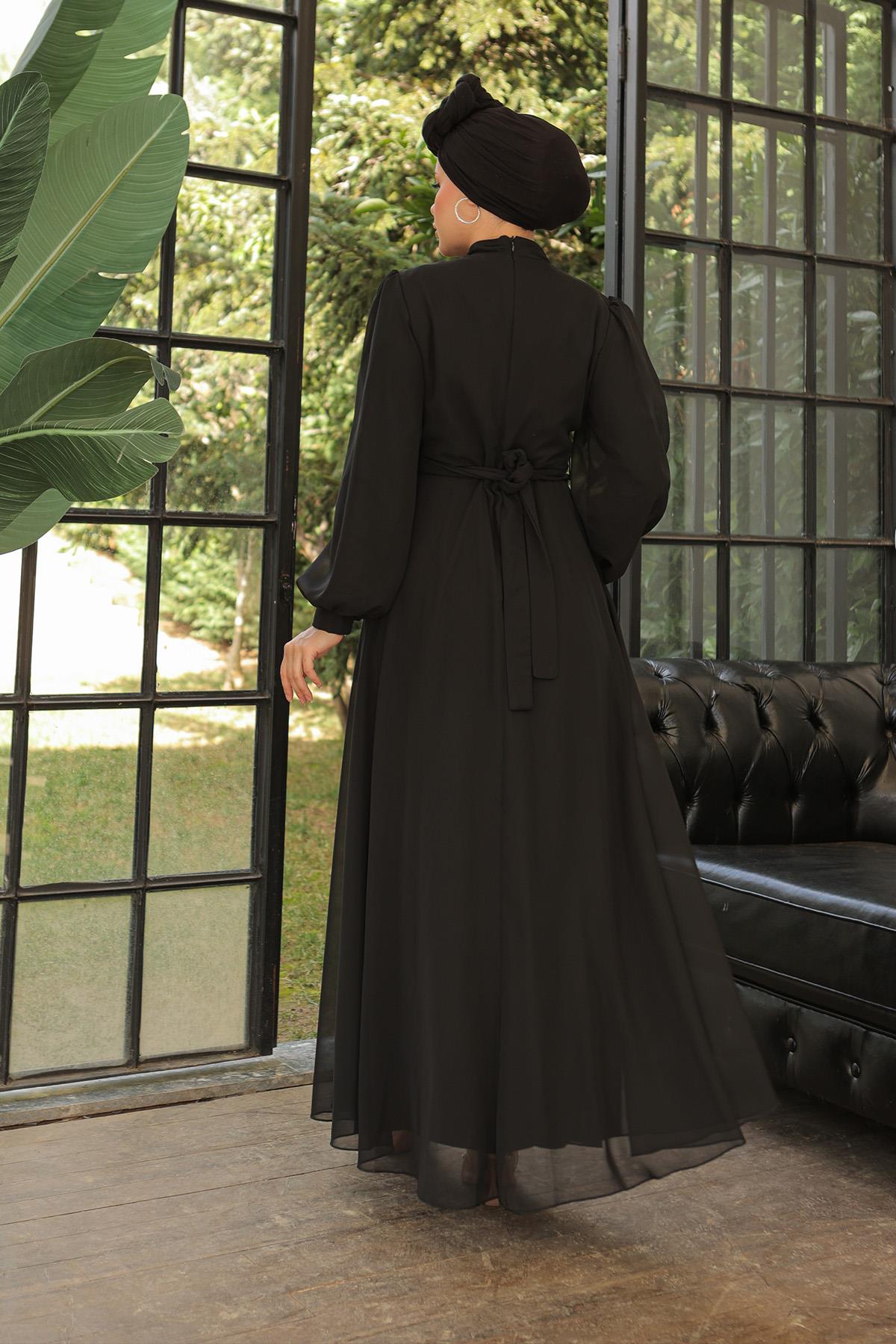 Tesettür Ahsen Şifon Abiye SiyahLP6025