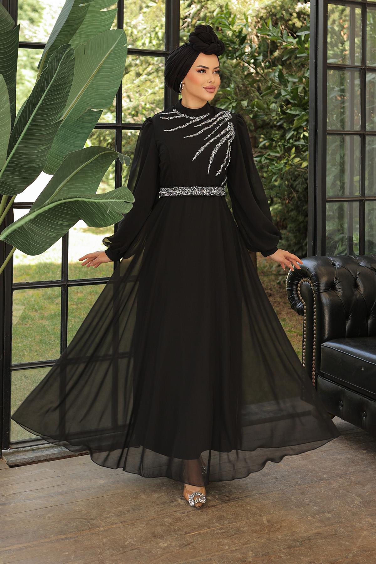 Tesettür Ahsen Şifon Abiye SiyahLP6025