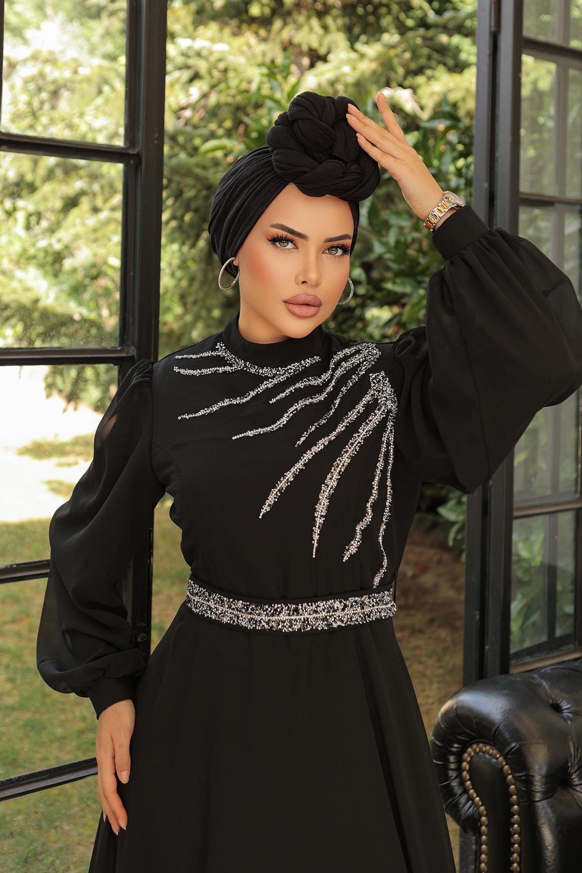 Tesettür Ahsen Şifon Abiye SiyahLP6025