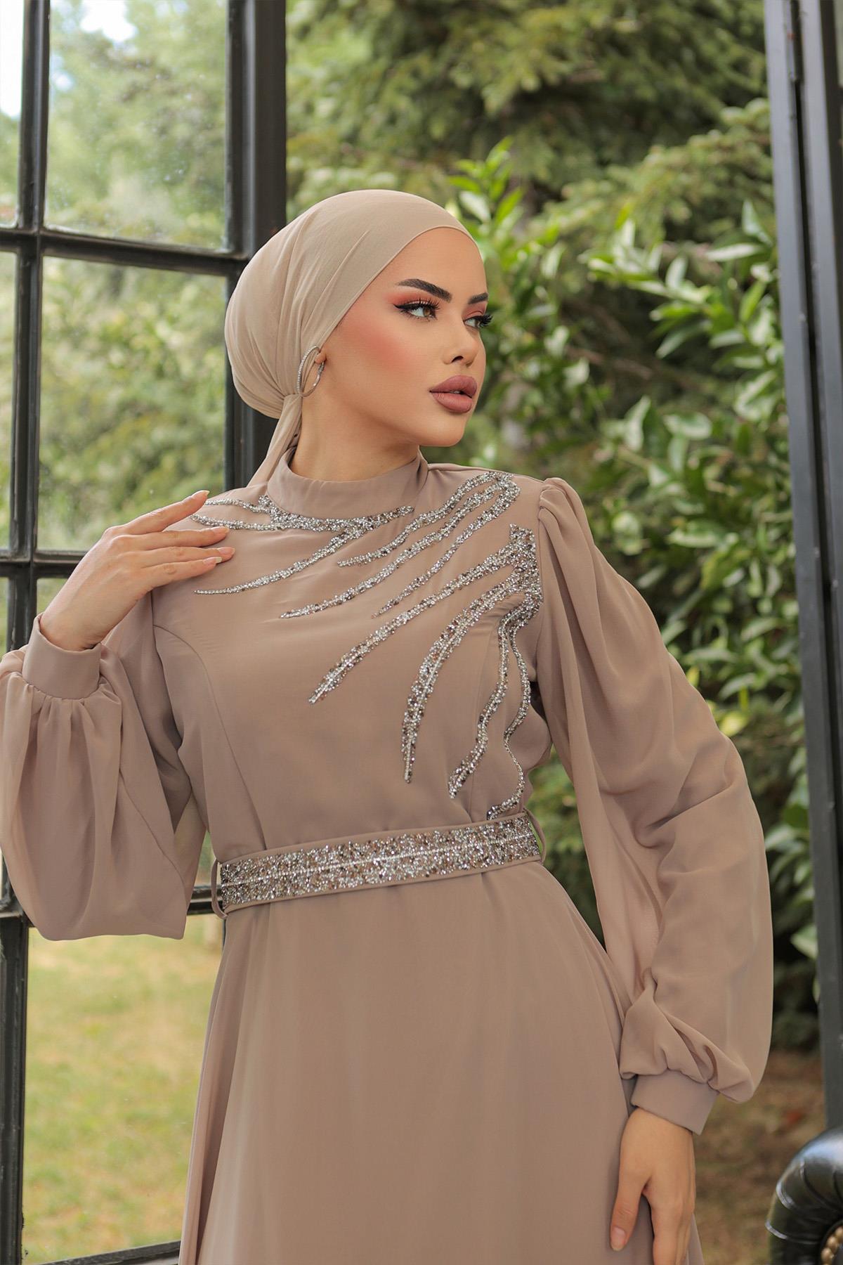 Tesettür Ahsen Şifon Abiye VizonLP6025