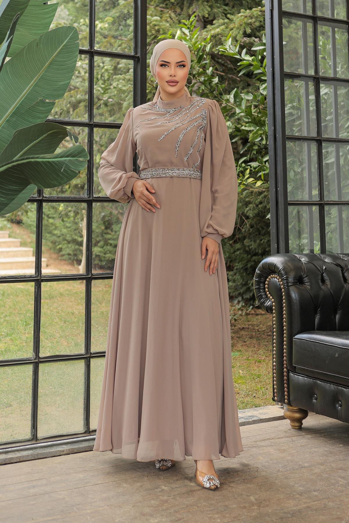 Tesettür Ahsen Şifon Abiye VizonLP6025