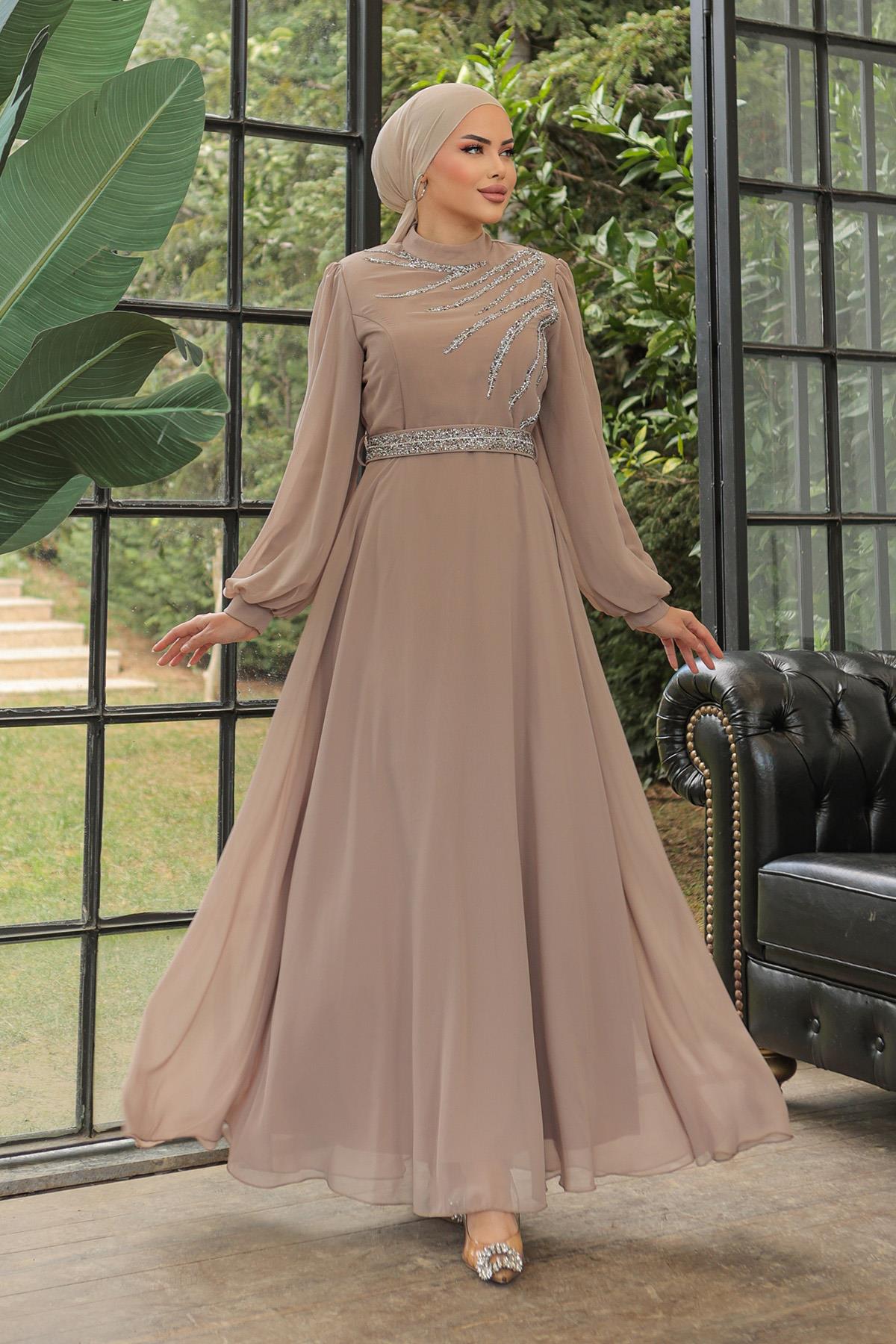 Tesettür Ahsen Şifon Abiye VizonLP6025