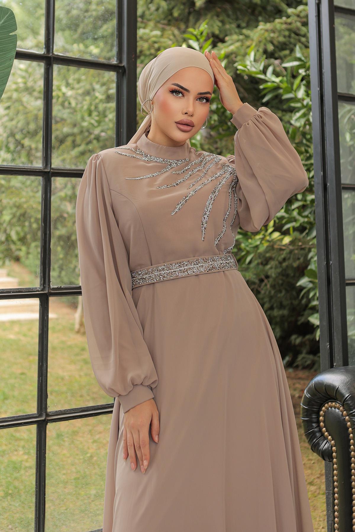 Tesettür Ahsen Şifon Abiye VizonLP6025