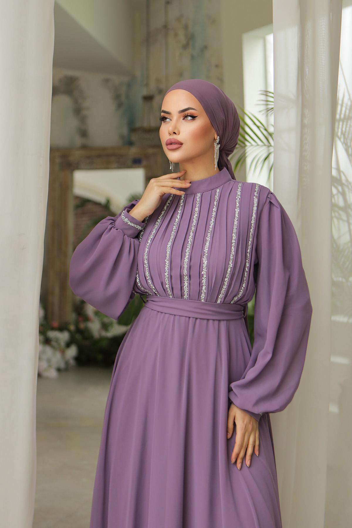 Tesettür Ala Şifon Abiye LilaLP6042