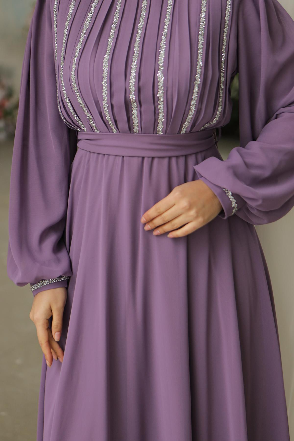 Tesettür Ala Şifon Abiye LilaLP6042
