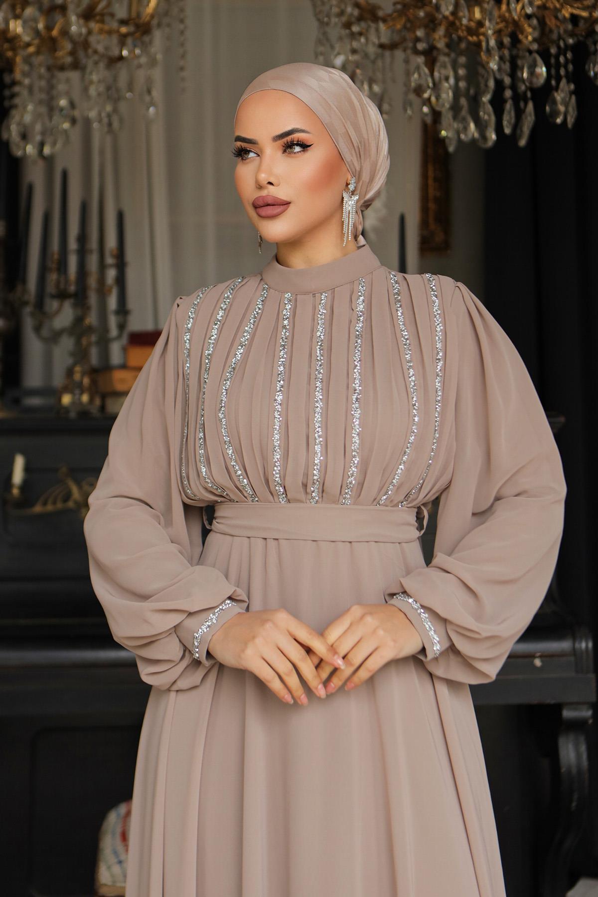 Tesettür Ala Şifon Abiye VizonLP6042