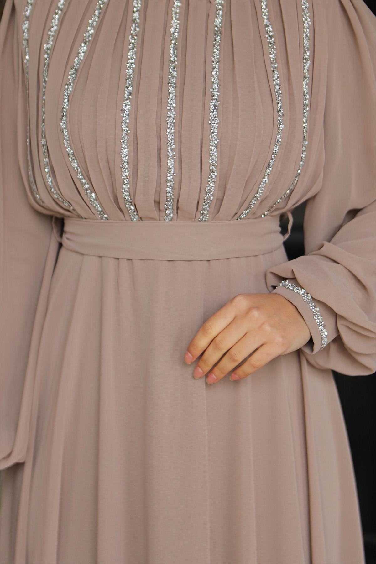 Tesettür Ala Şifon Abiye VizonLP6042