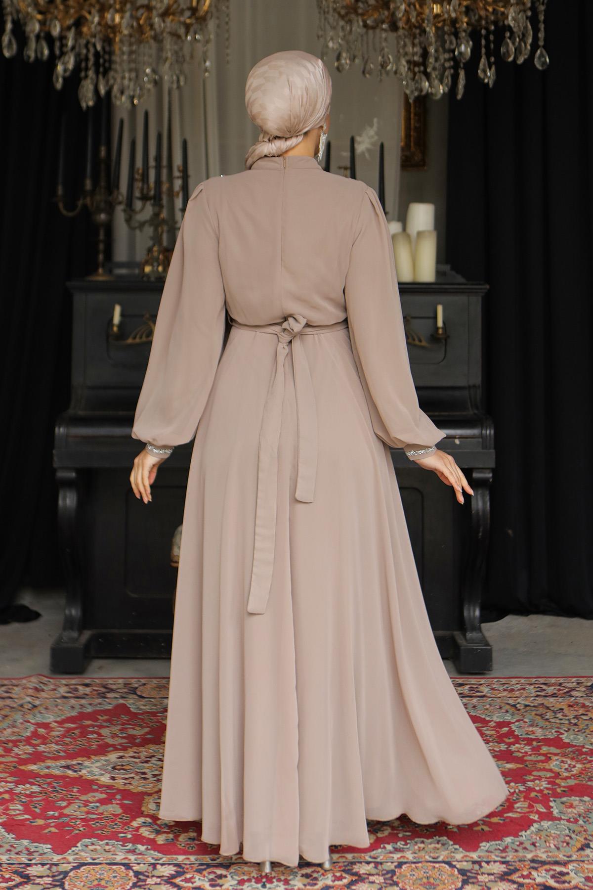 Tesettür Ala Şifon Abiye VizonLP6042