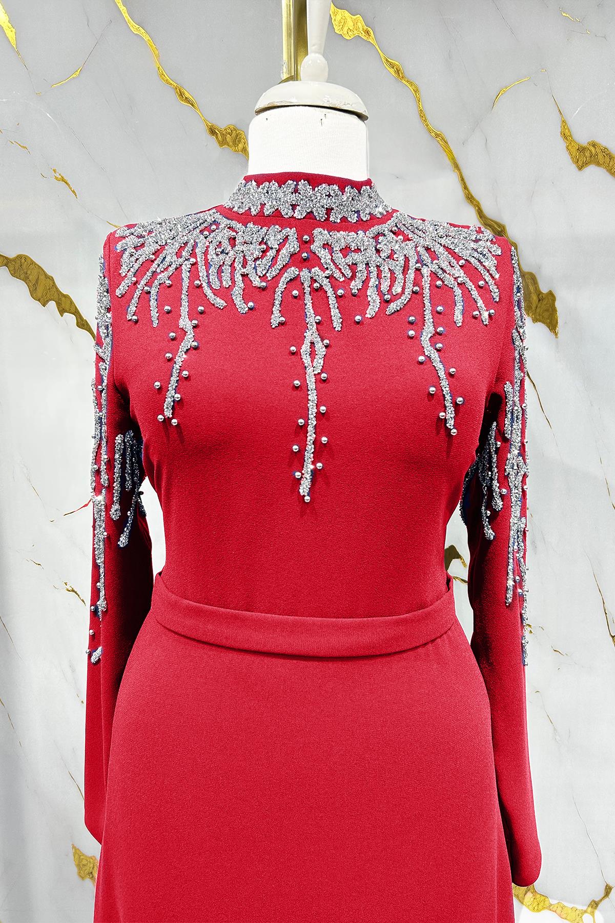 Tesettür Alin Krep Abiye BordoLP6165