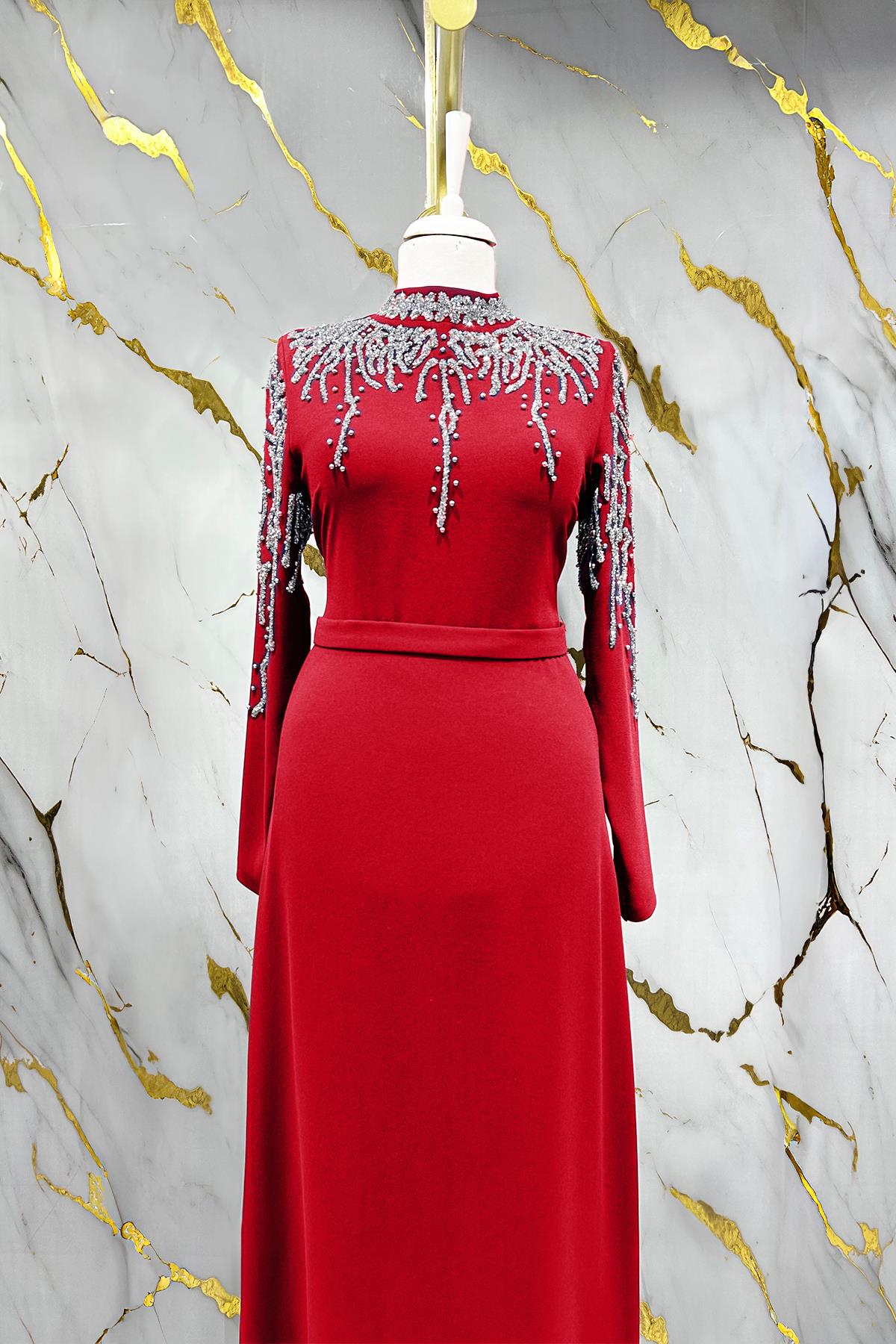 Tesettür Alin Krep Abiye BordoLP6165