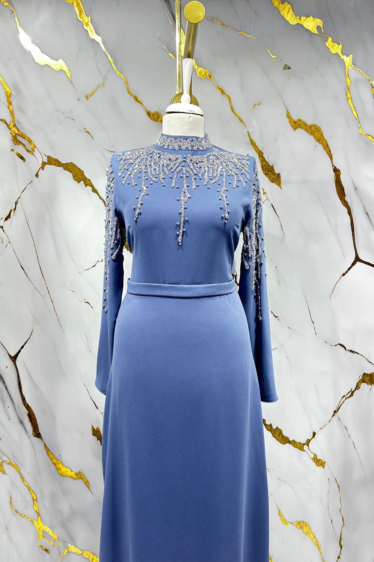 Tesettür Alin Krep Abiye IndigoLP6165