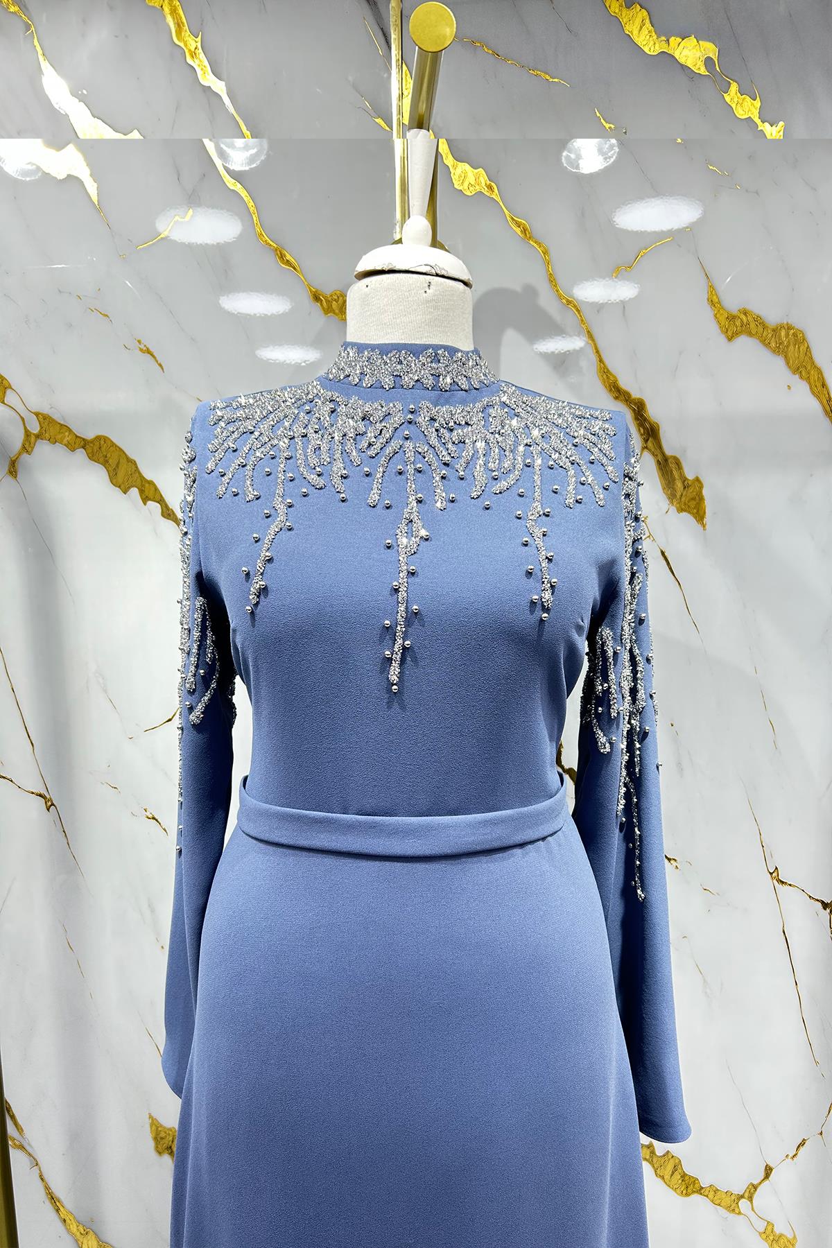 Tesettür Alin Krep Abiye IndigoLP6165