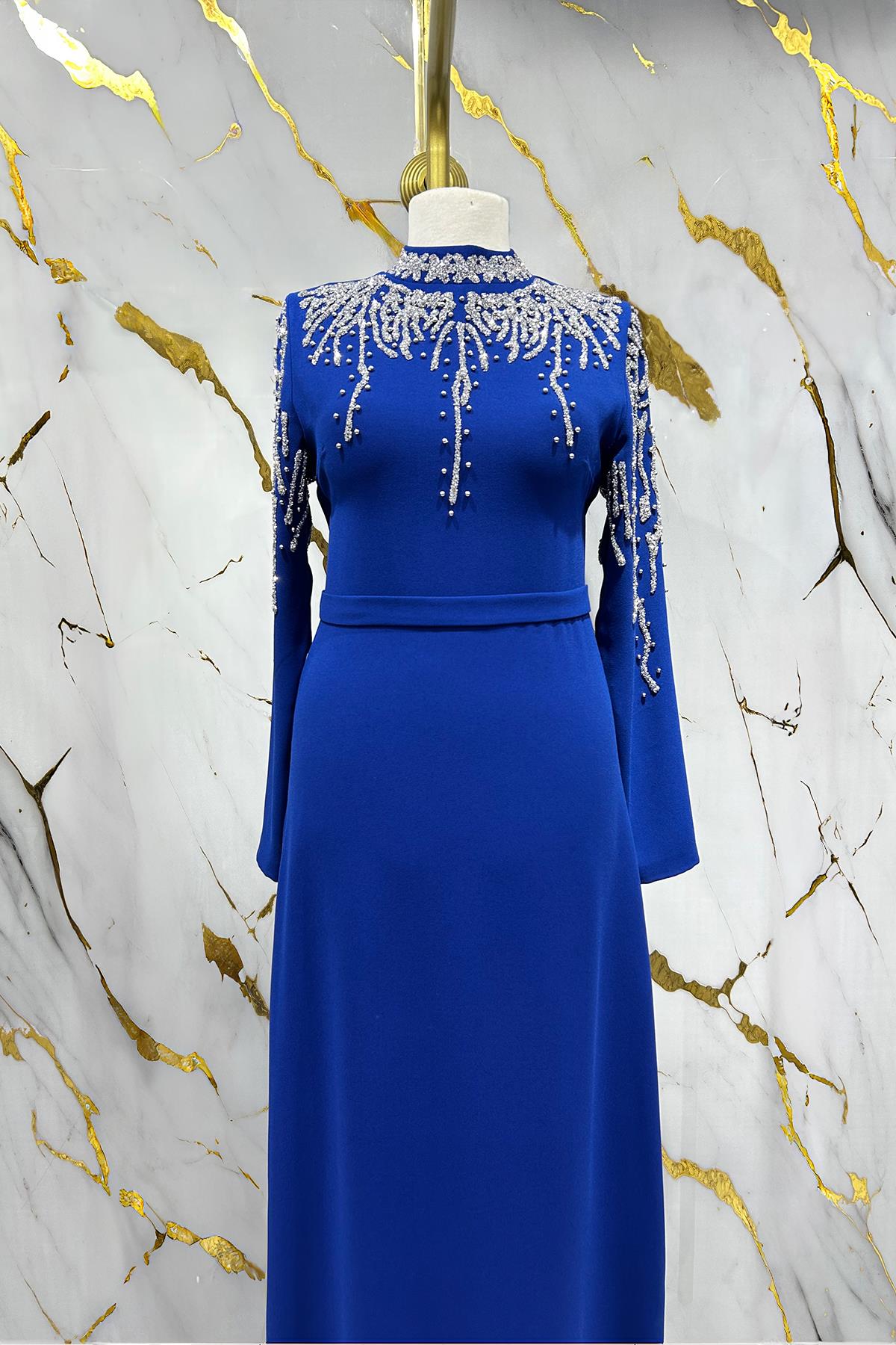 Tesettür Alin Krep Abiye Saks MavisiLP6165