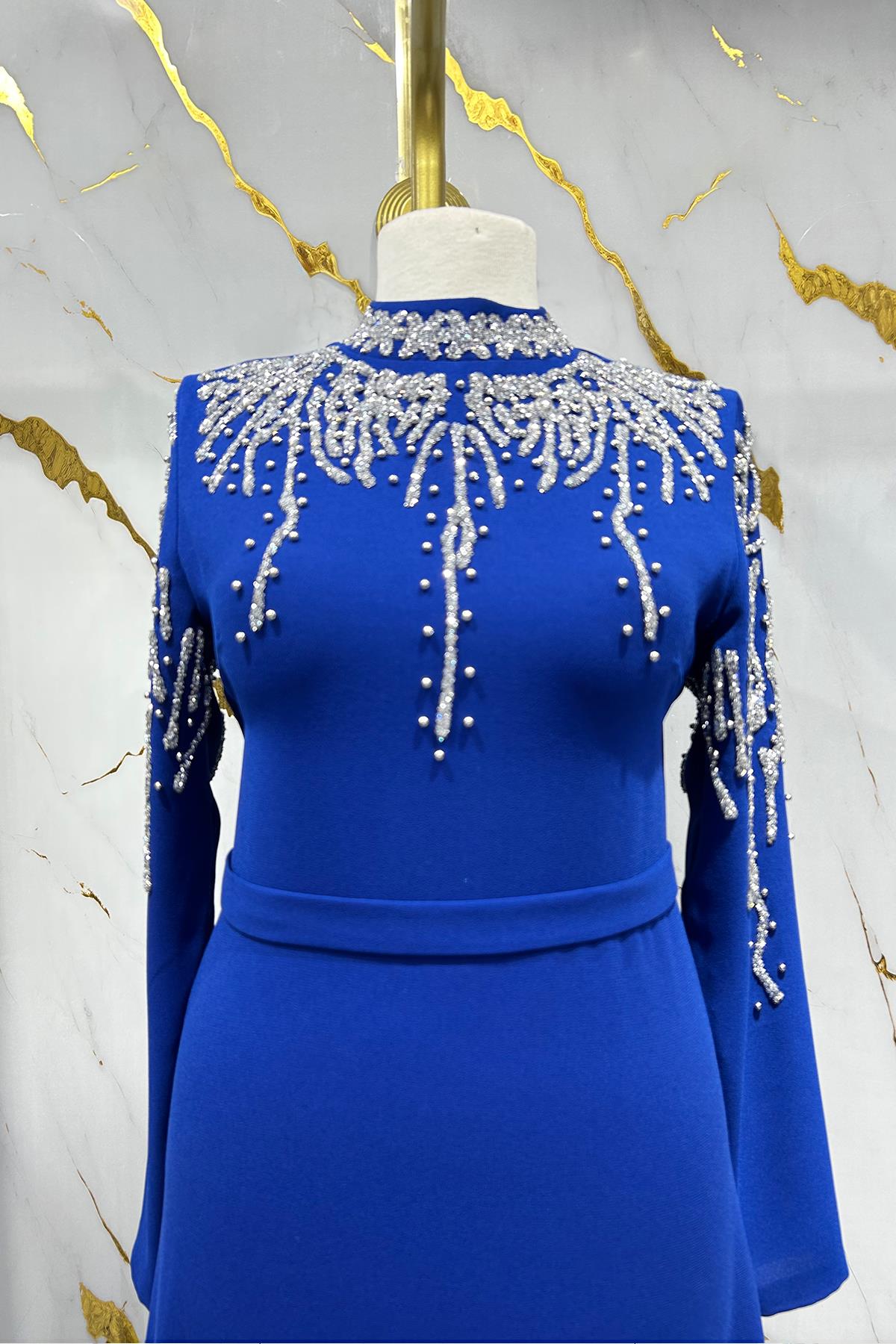 Tesettür Alin Krep Abiye Saks MavisiLP6165