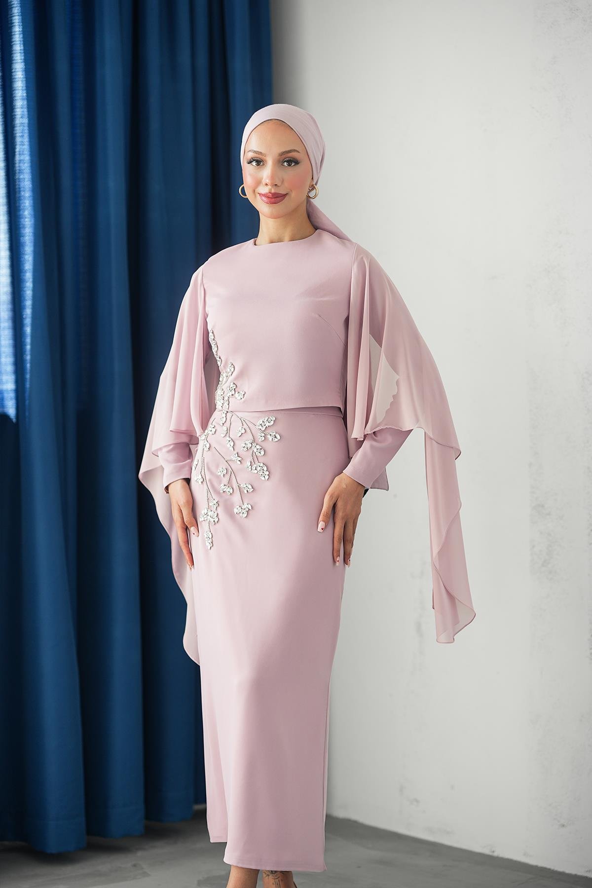 Tesettür Alya Adriana Takım Abiye PudraLP6304