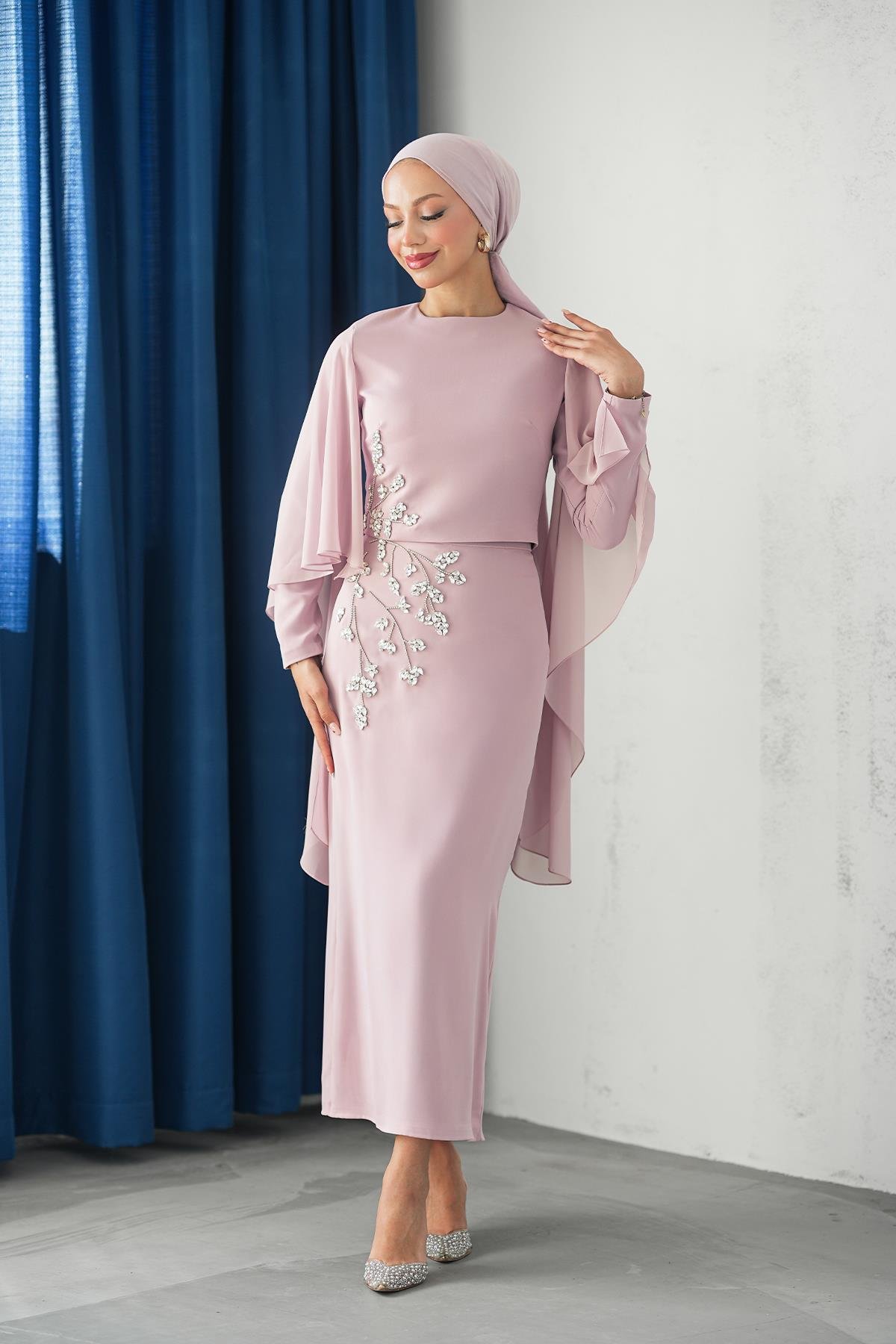 Tesettür Alya Adriana Takım Abiye PudraLP6304