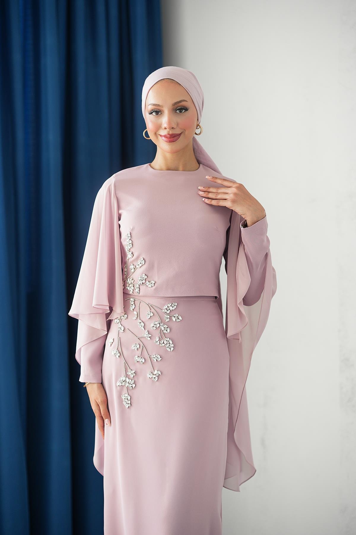 Tesettür Alya Adriana Takım Abiye PudraLP6304