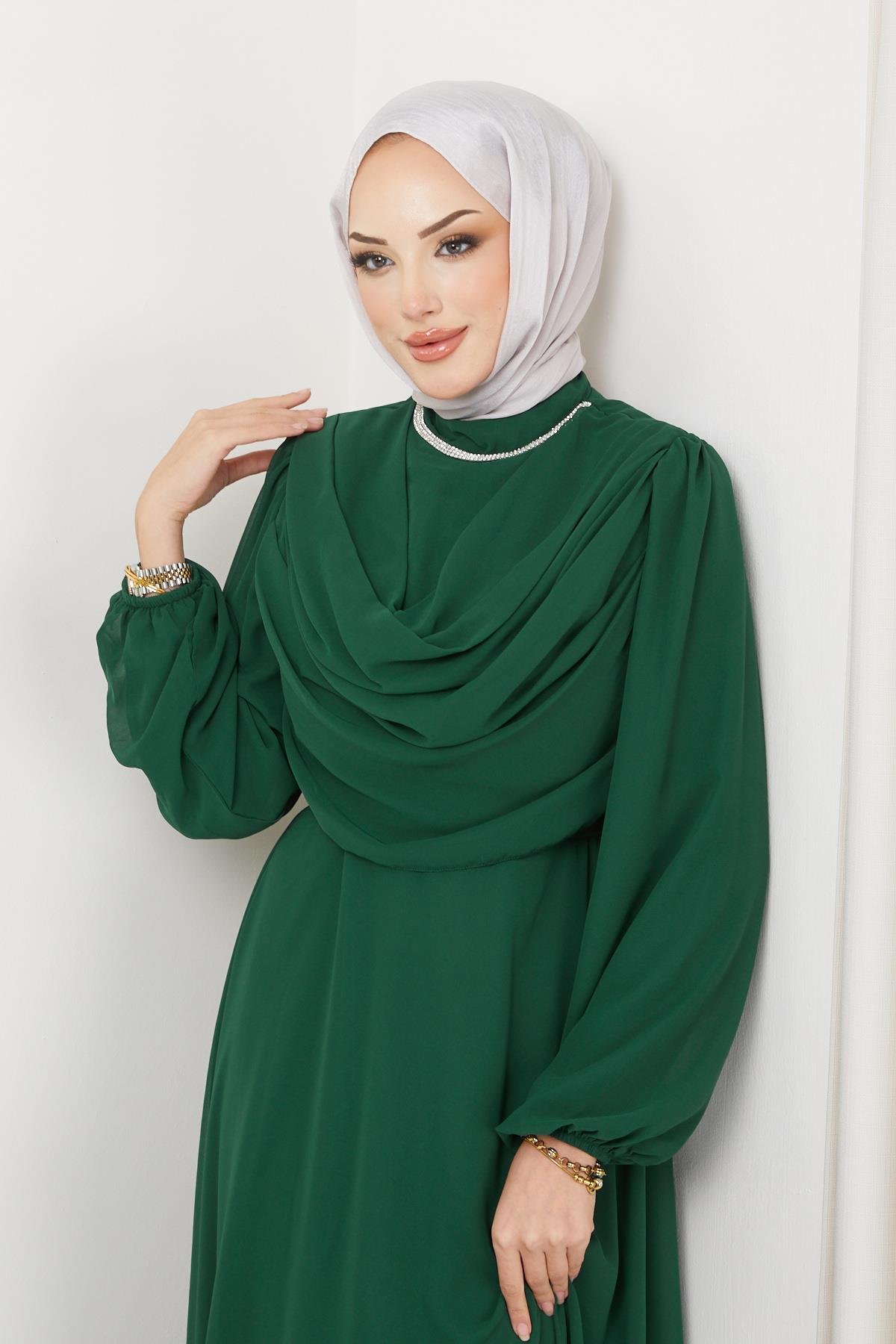 Tesettür Ariyana Şal Yaka Abiye Zümrüt YeşiliHM2010