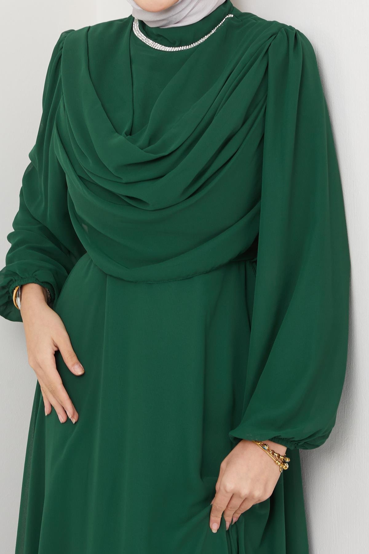 Tesettür Ariyana Şal Yaka Abiye Zümrüt YeşiliHM2010