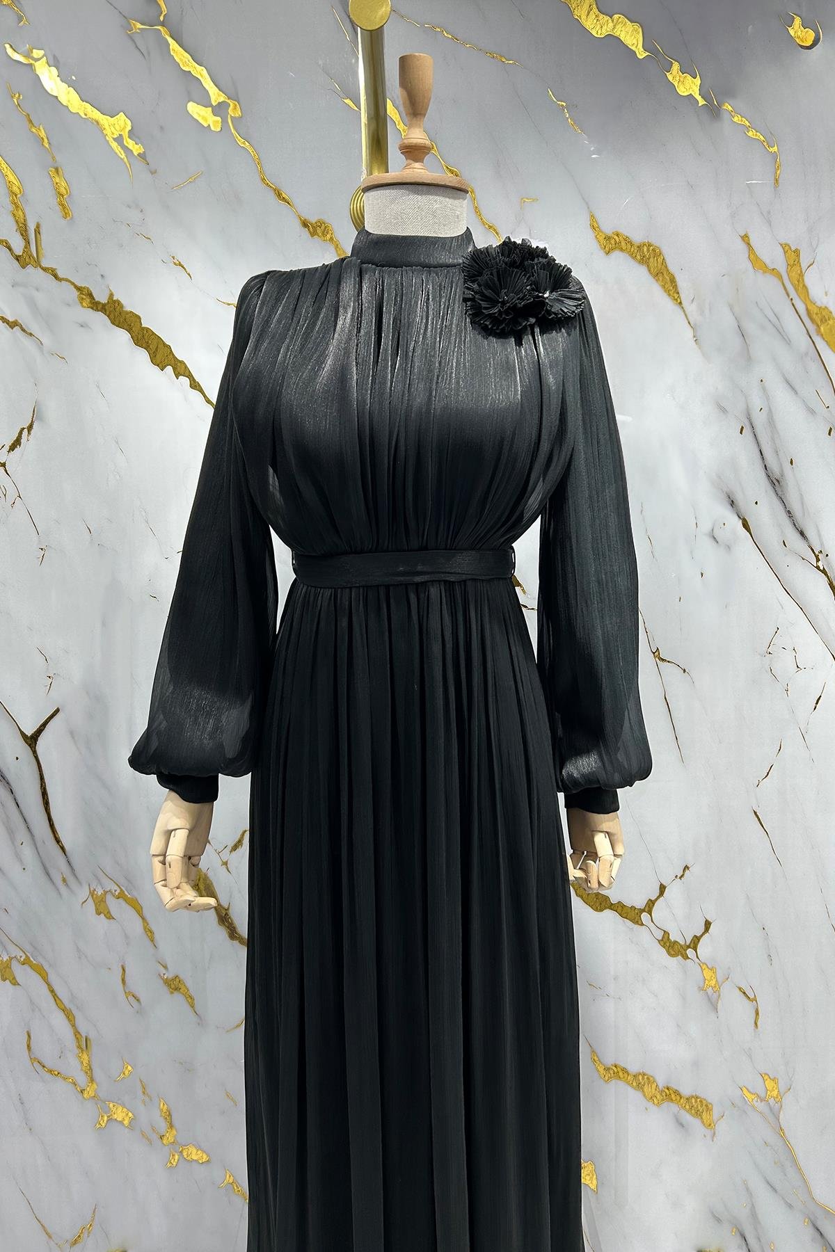 Tesettür Aron Işıltı Abiye SiyahLP6206