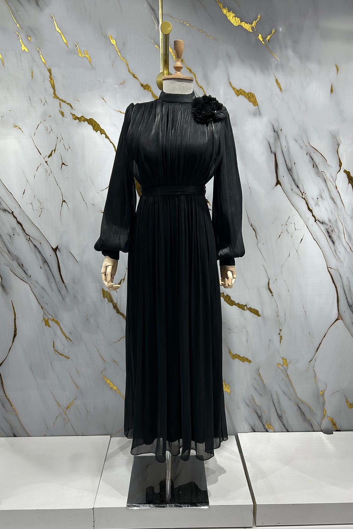 Tesettür Aron Işıltı Abiye SiyahLP6206